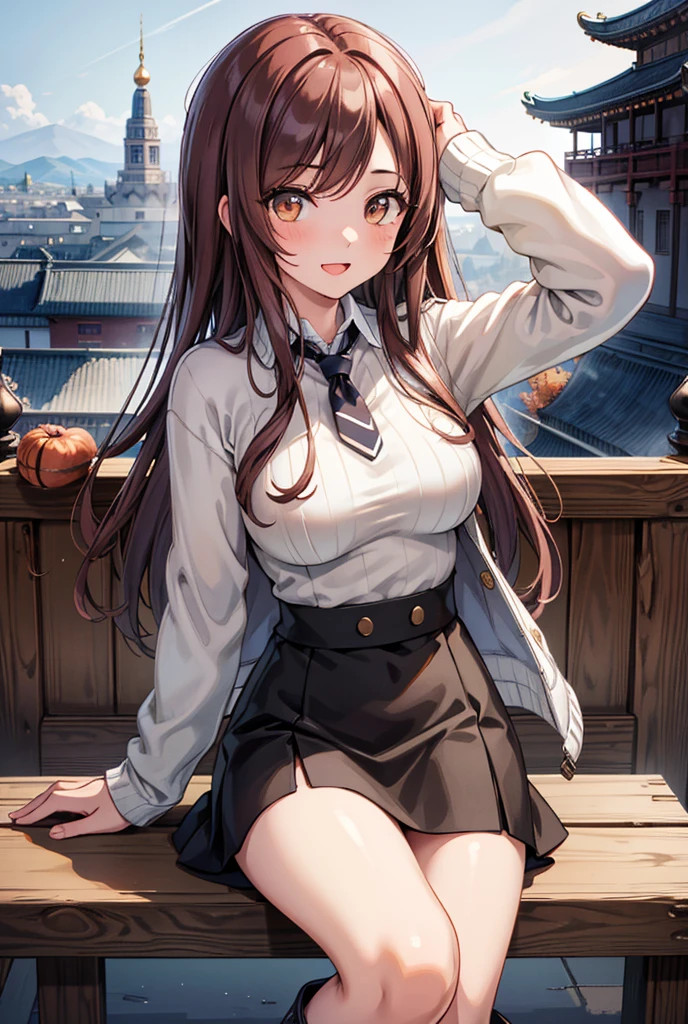  1 girl, solo,  high resolution on down, Long Hair, (( big breasts at the temple)), smile,  girl, Dark brown hair,  Brown Eyes ,  high resolution on down, masterpiece, accurate,  anatomically correct,  won numerous awards, 最 high quality,  details, 高い details,  high definition model,  high quality,  RETINA,  very detailed,  Textured Skin,  Ultra High Definition, ( knit sweater),  heart balloon, Highlight the whole body, Stylish cafe,  beautiful eyes, 黒の Miniskirt, Open your mouth, Terrace seats, Tie up your hair,  black long boots , Countryside Background, autumn,  sits on a chair,  Miniskirt,  cafe terrace , , , , ,