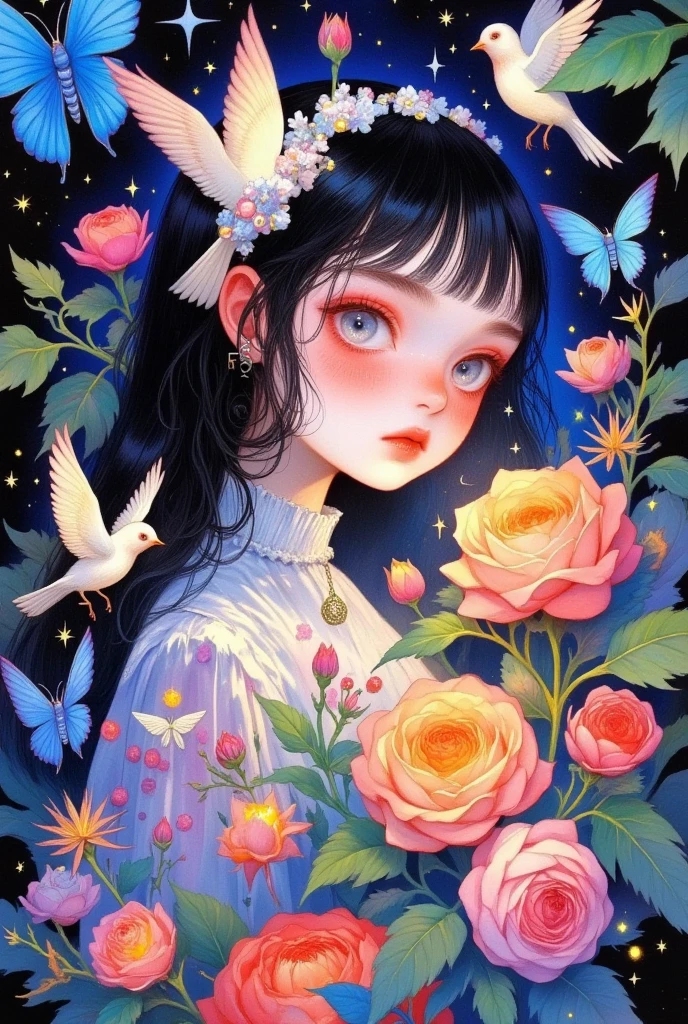  A painting of a girl surrounded by flowers and birds, A detailed painting by Li Song  ,  is trending on ArtStation ,  pop surrealism , Lovely detailed digital art,  A beautiful art illustration , artstration Trends,  Beautiful digital illustrations , Shin Jin Hwi Art , Girl in the flowers, Beautiful digital illustrations, Lovely art style, Detailed painting 4k, 可爱的数字艺术, Digital Anime Illustration