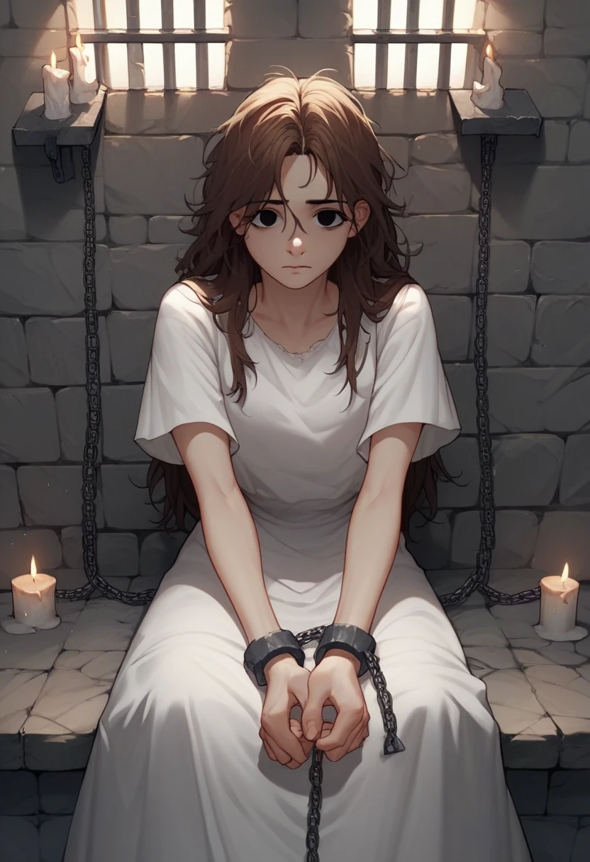 check_9, check_8_up, check_7_up, check_6_up, check_5_up, check_4_up, BREAK источник_anime, manhwa-artstyle, 1 girl, white shirt, solo, looks at the viewer, putting arms, chains, shackles, brown hair, messy hair, black eyes, dark eyes, jail, long hair, dungeon, medieval prison, worth, night, candles, sit