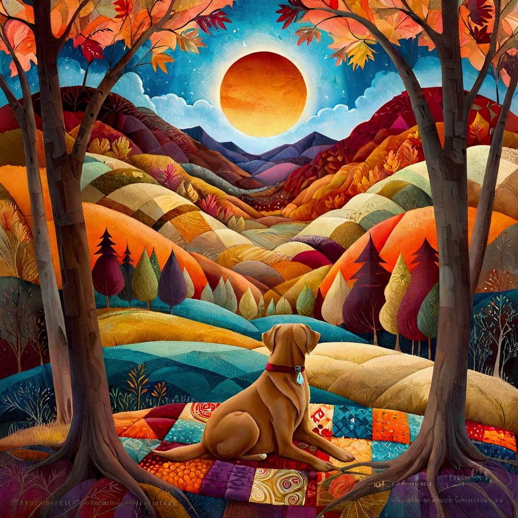 An illustration in the artistic manner of Laurel Burch, Sophie Wilkins, with skillfully dosed warm and cool colors, multicolored abstract bucolic landscapes, reminiscent of Golden Age illustrations, exuding sweet lyricism and romance. In a forest clearing in late autumn, a woman is sitting, together with her (brown) Labrador dog, on a large patchwork blanket. Behind her is a wide valley with high snow-capped mountains. Sky with irregular grunge rectangle pattern, sun disc in rectangles of different heights. Shades of colors, orange, red ochre, blue.
