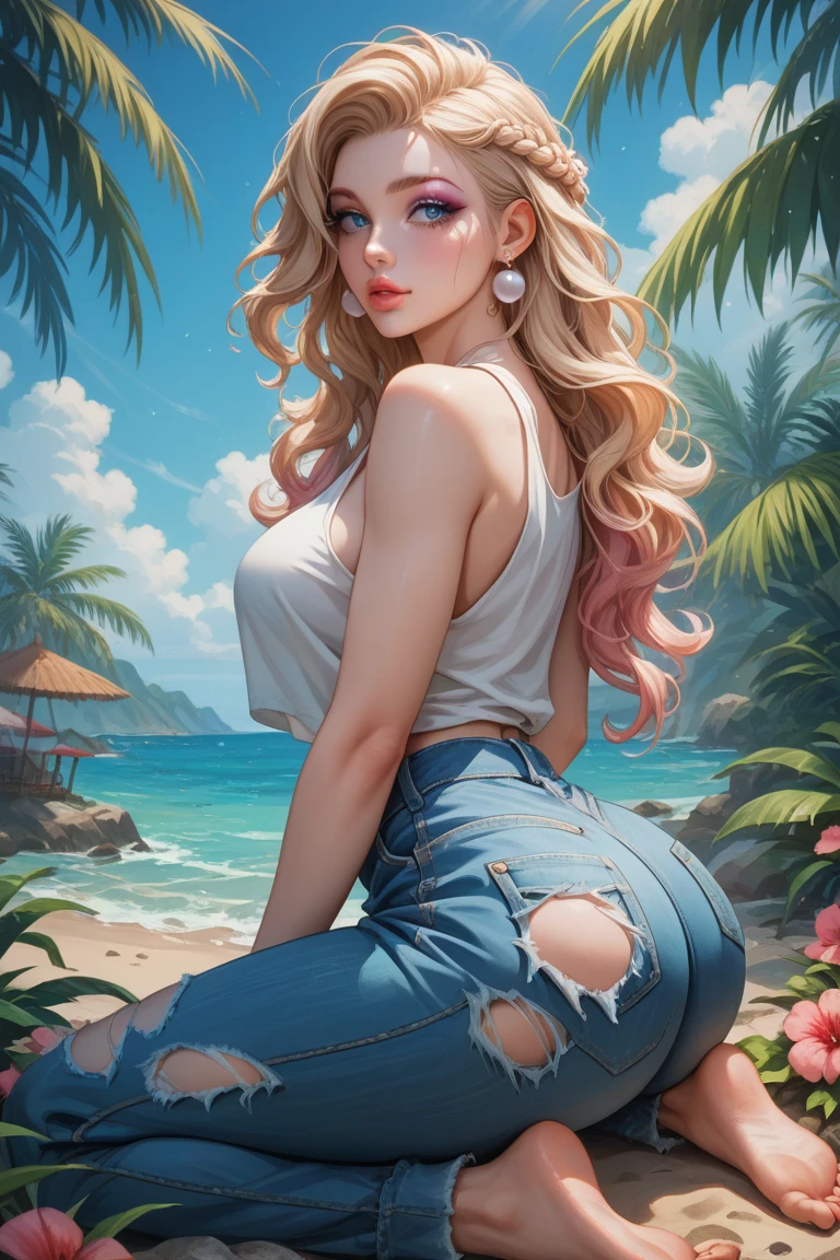 nsfw,(((masterpiece))), Best Quality, Beautiful woman, very detailed, curvy, Cute and lively, ivory skin, long flowing blond hair, 、
Blue Eyes, warm peach lips lips, light peach eyeshadow、
 tropical background, erotic、
small pearl earrings、Overflowing water、
(Ass:1.0、Breasts:1.2)、
strappy white tank top, worn loose(torn and weathered), soft indigo beach pants, worn loose, (torn and weathered), Barefoot、