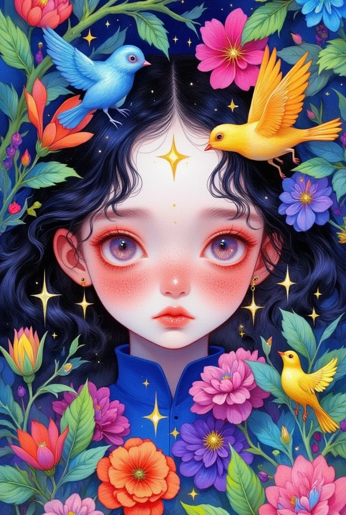 A painting of a girl surrounded by flowers and birds, A detailed painting by Li Song  ,  is trending on ArtStation ,  pop surrealism , Lovely detailed digital art,  A beautiful art illustration , artstration Trends,  Beautiful digital illustrations , Shin Jin Hwi Art , Girl in the flowers, Beautiful digital illustrations, Lovely art style, Detailed painting 4k, 可爱的数字艺术, Digital Anime Illustration