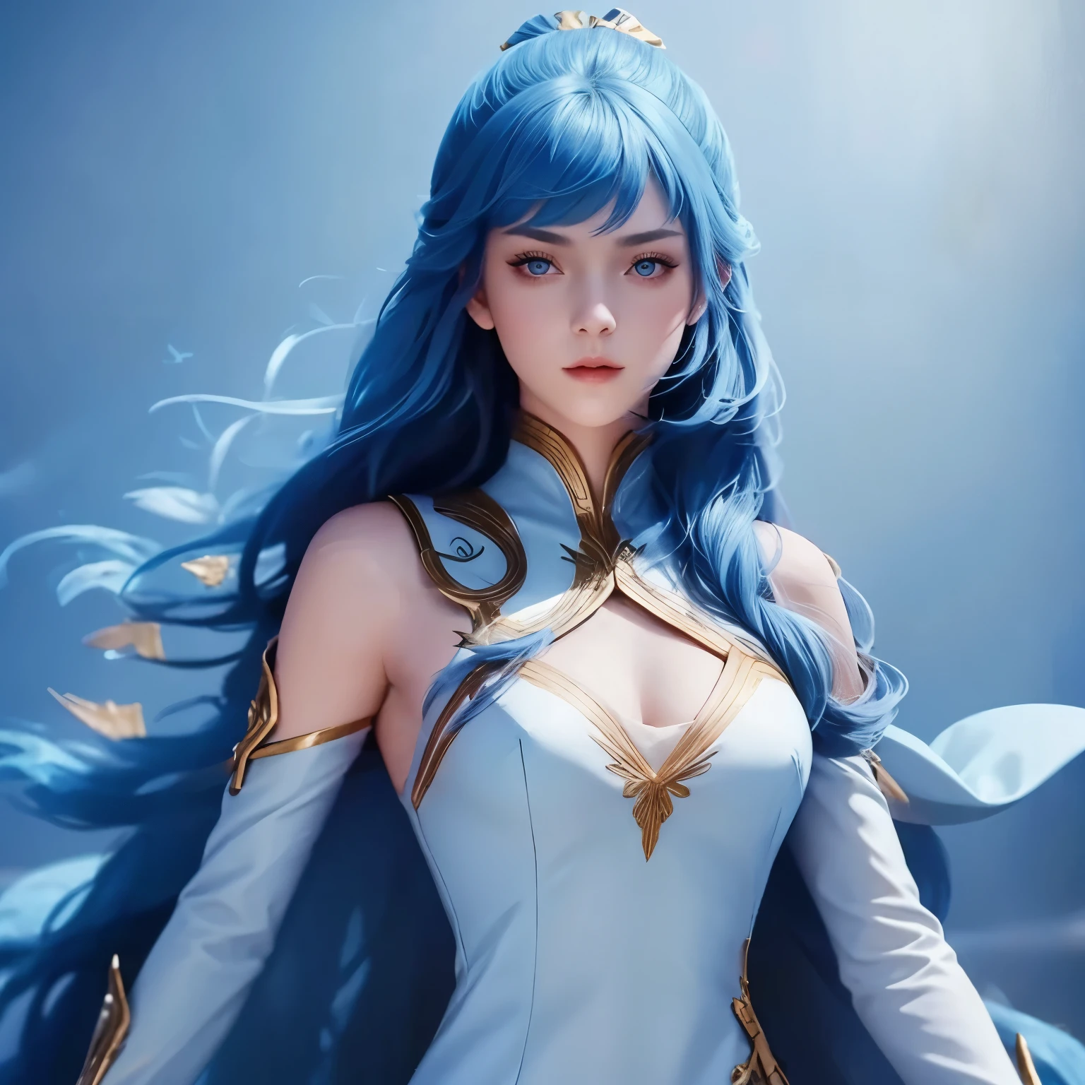 1girl,Solo, High Resolution, Long Hair, Blue Hair, Closed Mouth, 8K Octane, wearing a white dress with gold accents and a blue cape draped over her shoulders. dress has a high neckline and long sleeves.