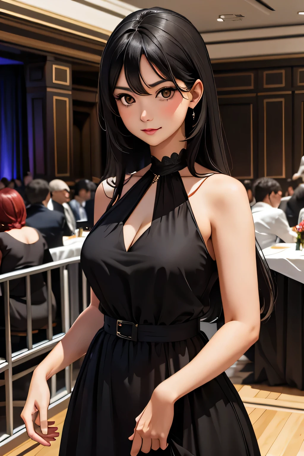 A beautiful woman with long black hair and brown eyes wears a black dress at a wedding 