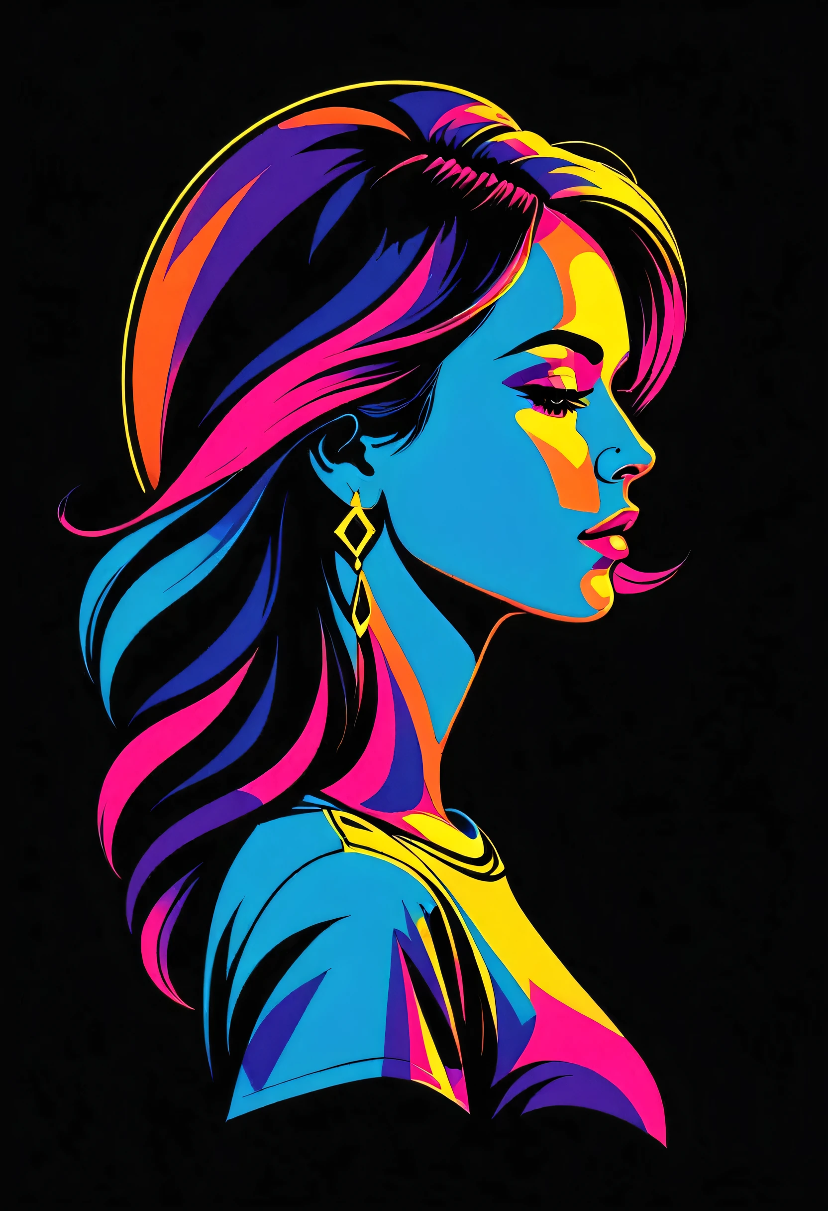 T-shirt logo design isolated on black background , Psychedelic , woman, drawing, from side, PORTRAIT , Details, 8k, simple background,, (( Award-winning )), (高 Details), sharp, 8k, vector art with a single line
