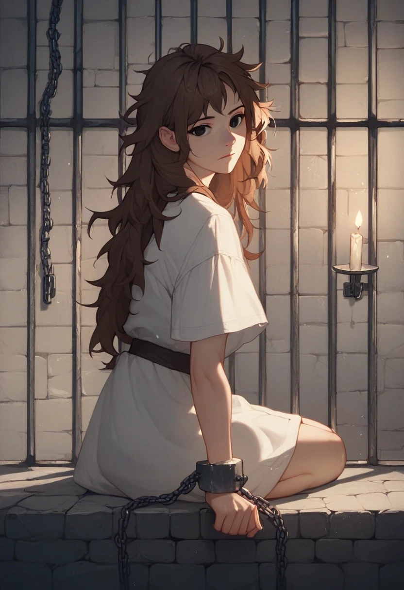 check_9, check_8_up, check_7_up, check_6_up, check_5_up, check_4_up, manhwa-artstyle, 1 girl, white shirt, solo, looks at the viewer, putting arms, chains, shackles, brown hair, messy hair, black eyes, dark eyes, jail, long hair, dungeon, medieval prison, worth, night, candles, sit