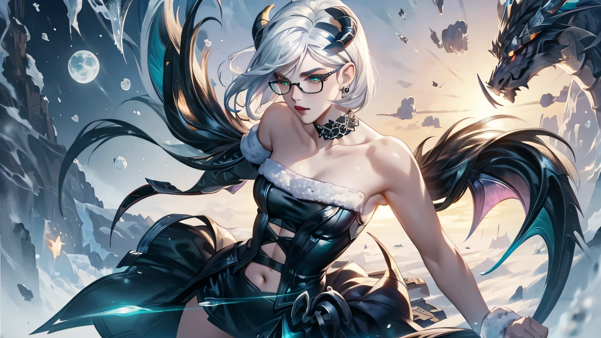 8k, masterpiece, best quality, highly detailed, 1 girl, devil, demon horns, warlock, pixie cut, white hair, multicolored hair, very short straight hair, red highlight hair on white hair, stippled hair, wearing glasses, round glasses, earrings, navel piercing, red eyeshadow, long eyelashes, blushed cheek, red lips, pearl necklace, rings, collarbone, mole on face, glamorous, teal and black clothes, sleeveless, miniskirt, laced dress, fishnet stocking, expressionless, close up view, rings, looking at viewer, standing, frost, death, winter, snow strom, bone, dragon in background, tundra, turning back, back facing viewer, looking over shoulder.