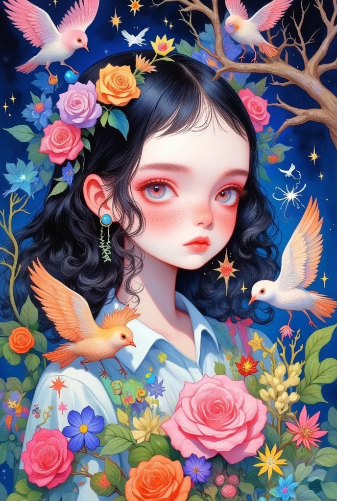 A painting of a girl surrounded by flowers and birds, A detailed painting by Li Song  ,  is trending on ArtStation ,  pop surrealism , Lovely detailed digital art,  A beautiful art illustration , artstration Trends,  Beautiful digital illustrations , Shin Jin Hwi Art , Girl in the flowers, Beautiful digital illustrations, Lovely art style, Detailed painting 4k, 可爱的数字艺术, Digital Anime Illustration