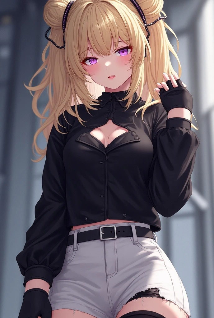 masterpiece, best quality, Itsumi Erika, 1girl, ashen blonde hair, blue eyes, solo, medium breasts, standing frontally, pov, looking at viewer, black skirt, sexy black underwear, black bra, undressing her jacket, whole body can be seen, indoors, locker room, expressionless, detailed hands, five fingers, female genitals