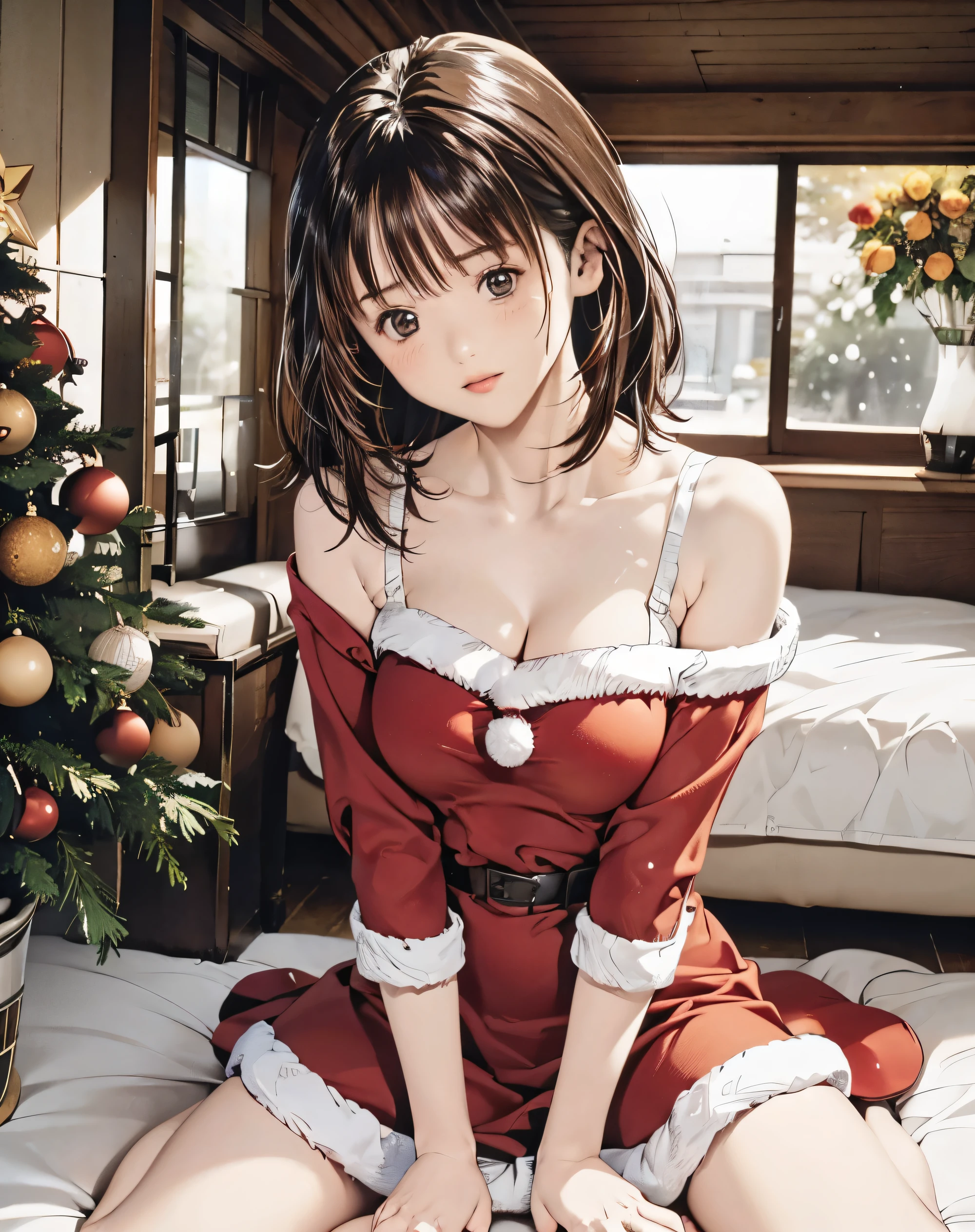 In 8K,Best Quality, high resolution on down, The truth, intricate details,超A high resolution on down, depth field ,Masseter region, natural soft light, Professional Writing, 1 girl,(cute:1.2), Very Beautiful Older Sister ,fine grain,(( Brown Eyes )),( Black Hair ),(Short pixie cut),(bangs),Perfect Skin,shiny skin, pure white skin , fine skin, big, rich breasts,(( COMPLETE ANATOMY,Great hands,Perfect hands, has 5 fingers connected to her palm, precise needles without feeling uncomfortable )),Perfect Barefoot,Delicate legs, perfect balance , sexy, I can see breasts ,Lurks deep inside the vagina,((Christmas dress))、(( Christmasガールフレンド )), anime girl , long brown hair , Brown Eyes , Rimless Glasses, sunburned skin from before, Very beautiful and big breasted 、(( hide the groin of shyly spread legs 、scowl)、((Look this way、Shy、Teary-eyed)、background: Christmas、snow、