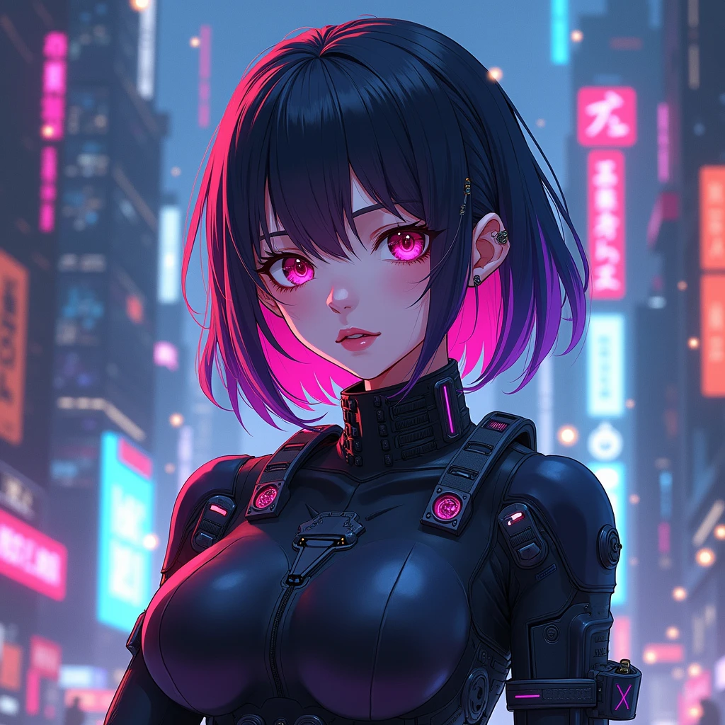 masterpiece, Best quality, (1 girl), (solo) (front facing), (upper body), (smile),(from front), (portrait), (night), (pose for picture), (dystopian city street), (large breast), (cleavage), (long hair),, black costume, black, gloves, dress boots, black gloves, puffy sleeves, black dress) (blak hairband),(cyberpunk costume), (blonde hair), (green eyes), feather-trimmed sleeves anime, realistic, masterpiece, (bobcut, bangs), (A2 costume) (cyber_mark), ( facial mark), (cyberpunk suit), (j4nu4ryj0n3s cleavage), (demure), (dark room), (neon lights), (cyberpunk room), (focus on body), (look at front), (look at viewer)