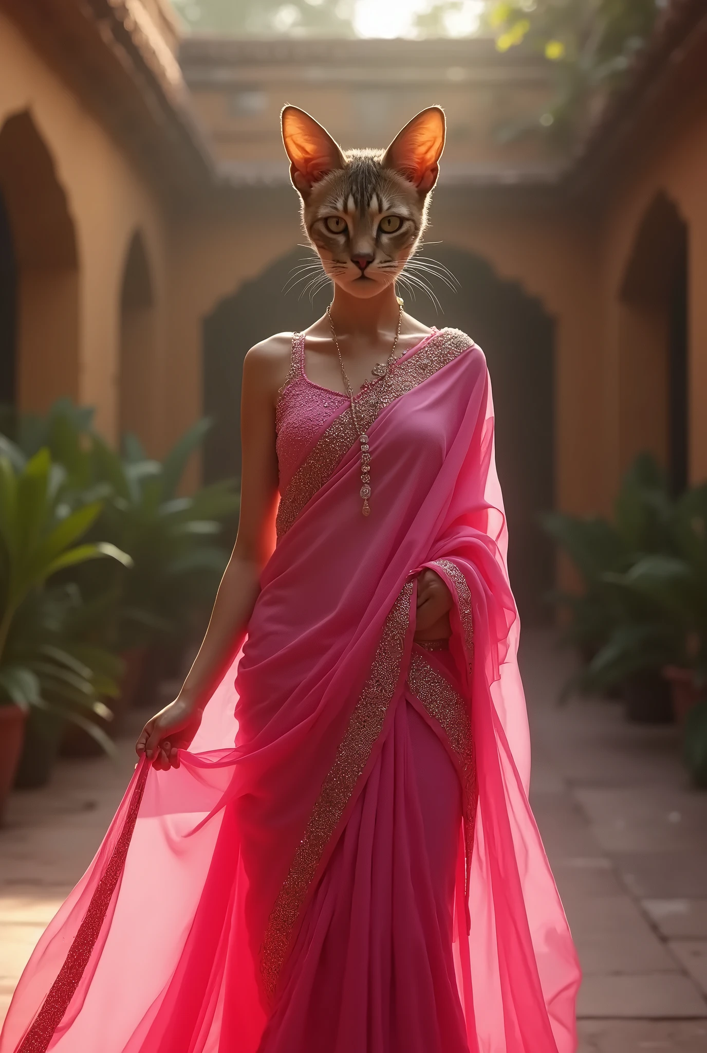 Indian Wedding Cat: A majestic Bengal cat dressed in traditional Indian bridal attire, featuring a red saree with gold embroidery, intricate jewelry, and a bindi. The cat is confidently walking on two legs down a ramp, with a regal and graceful posture.