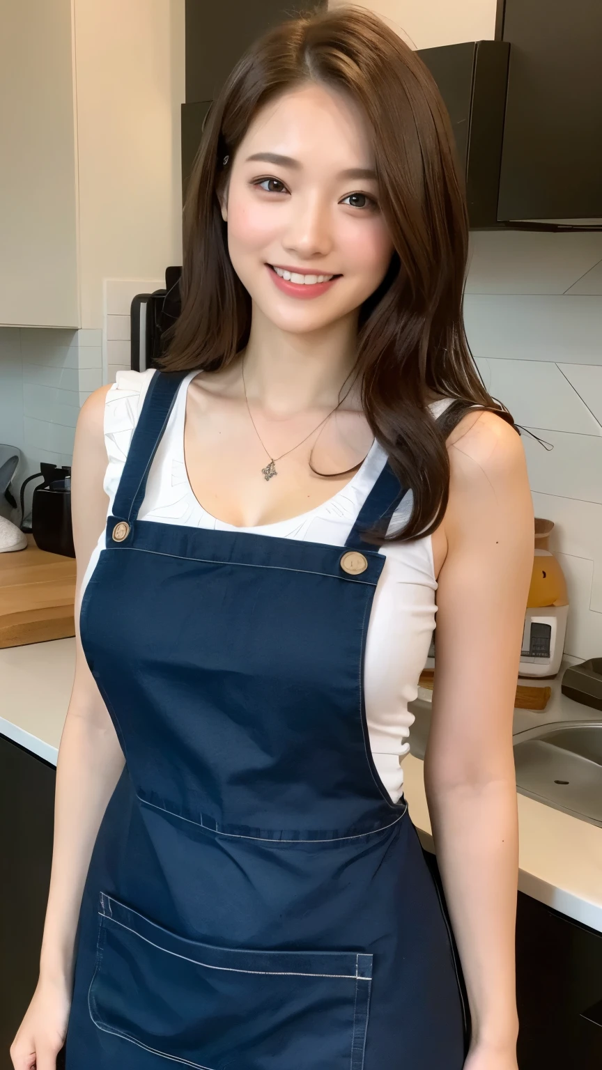 (Best quality, 8k, masterpiece: 1.3), a beautiful woman with perfect figure: 1.4, dark brown hair, wearing a pendant, wearing an apron, in the kitchen, highly detailed face and skin, detailed eyes, double eyelids, big breasts, smile