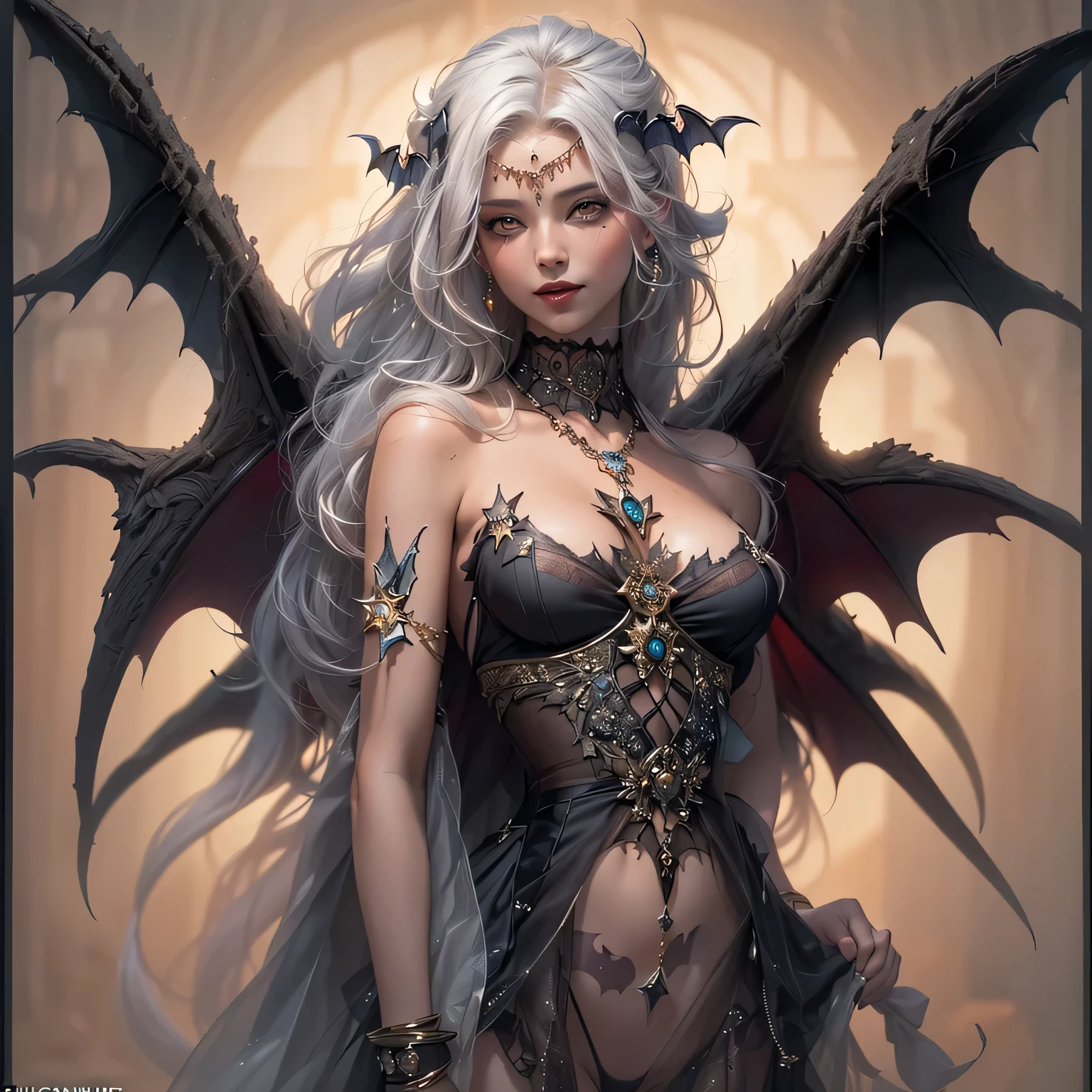realistic photo of slaved (savage, tribal, jungle)_vampire with (white hair), wings, ((fangs)), colorful extremely_detailed_(tribal, jungle)_tight_(lacy, leather, fur, silk, satin, latex)_(see-through panties), legs spread apart, busty, detailed face, detailed beautiful shiny red eyes, slit pupils, metallic reflections, ((tatooed, marked)_with_shining_runes)_fit_muscular_body, shiny skin, tropical ancient ruins fog, 1girl, natural breasts, medium length white hair, masterpiece, best quality, beautiful and aesthetic:1.2, fractal art:1.4
