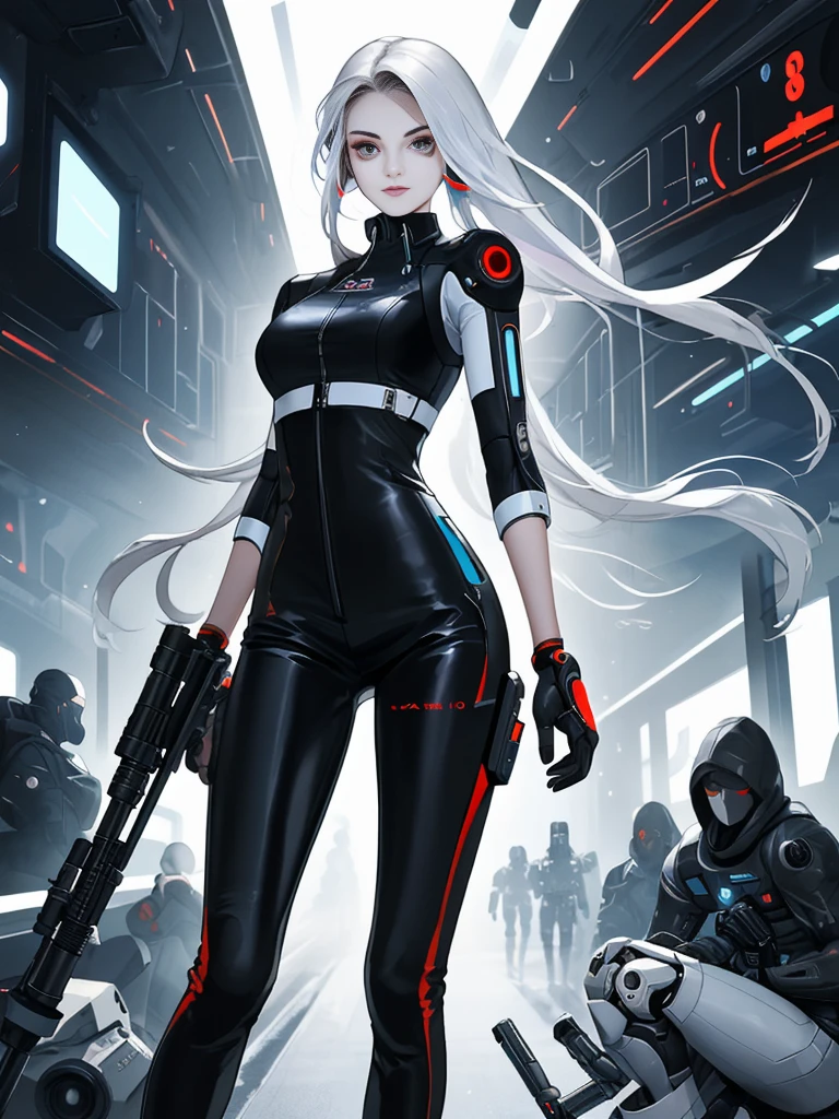 High definition photography, Hacker, bright face , Teenage girl, pretty white skin, Beautiful breasts, longhair, cyberware, tech-gear, Suit-futuristic, colorfulstyle, robotics girl, skinny leather pants,  Prosthetic-Sci-Space, with sniper rifle, Fighting in the city