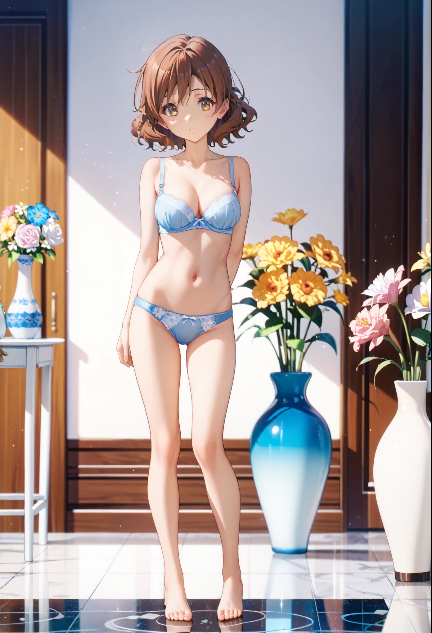 score_9, score_8_up, score_7_up, source_anime,1girl,multicoloed flowers,big vase,marble floor ,nude,underwear,,blue Bra,blue panties,flower stand,underwear only,kumiko oumae, brown eyes, brown hair, short hair, wavy hair,spacious room