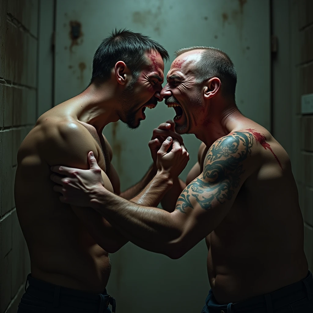 Two bruised ones, sweaty, muscular, tattooed, teenage boys with shaved haircut, nudes ,with handcuffs, big juicy ?????,sweaty y erecto cubierto de semen, wrapped tightly in chains, screaming with pleasure in a dungeon