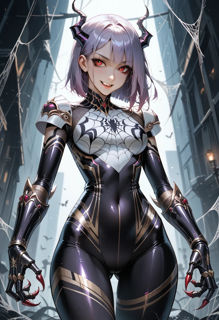 (Girl fused with a spider). Succubus style. Insect paws. It is based on the motif of a spider. Metallic. Light armor. Spider web pattern costume. Purple hair. Medium hair. High legs. Body tights. Sharp claws. Four-armed. Black Paint Hands. Evil Smile.