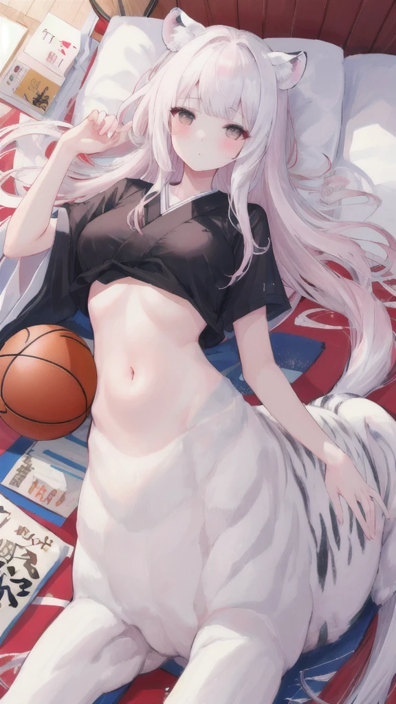 (best quality, masterpiece), 1 girl, centaur, It takes, White skin, Korean , basketball player, exposing the abdomen,belly button t-shirt, 아름다운 소녀 perfect white tiger photo, perfect white tiger photo