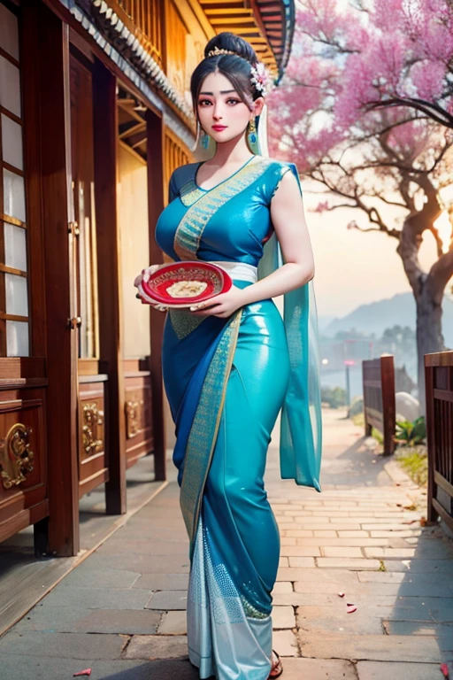 Masterpiece,Row photo, details, hyper realistic,arafed woman in a blue sari holding a plate of flowers, sukhothai costume, in style of thawan duchanee, "Loy Krathong Festival", traditional beauty, anime thai girl, south east asian with long, nivanh chanthara, traditional, thailand art, traditional art, tithi luadthong, traditional dress, traditional tai costume, traditional clothes,8K, full body shoot, lightings,so beautiful golden Temple background