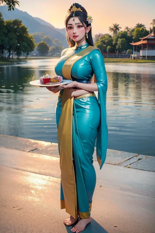 Masterpiece,Row photo, details, hyper realistic,arafed woman in a blue sari holding a plate of flowers, sukhothai costume, in style of thawan duchanee, "Loy Krathong Festival", traditional beauty, anime thai girl, south east asian with long, nivanh chanthara, traditional, thailand art, traditional art, tithi luadthong, traditional dress, traditional tai costume, traditional clothes,8K, full body shoot, lightings,so beautiful golden Temple background