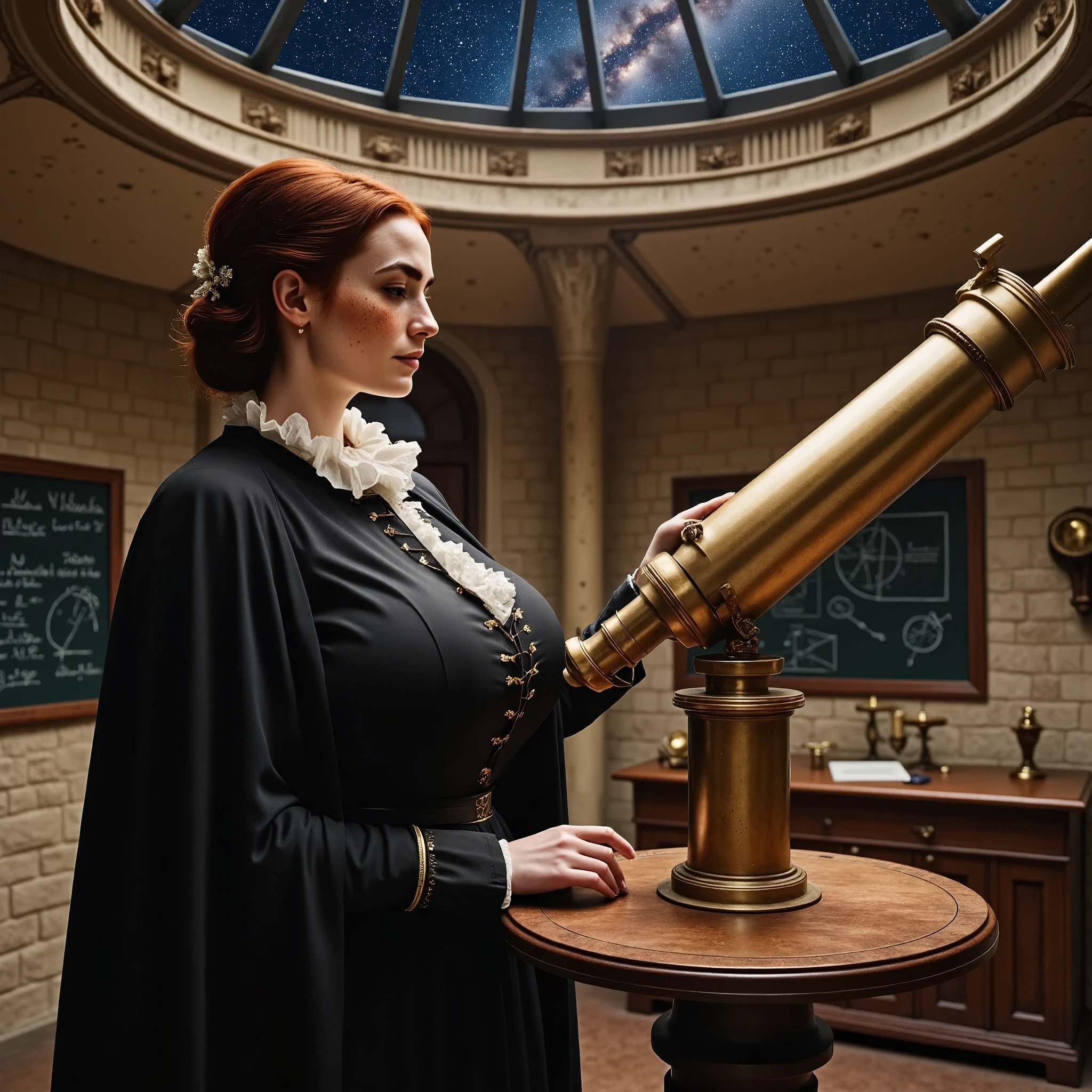 Photorealistic, cinematic style, a picture of a beautiful British woman is operating an ancient telescope in a rustic observatory. A round stonework room with a domed ceiling, ceiling has a hole for observation. On a pedestal a large brass telescope. Walls of the room are covered in astronomical charts and blackboard with calculations. She has black buttoned dress with high neckline, white ruffle collar, black cape. She's got brown eyes, downturned eye shape, light skin and freckles, reddish-brown hair, hair gathered up to a bun,. perfect hand,HDR, intricate details. Outside is a starry night.