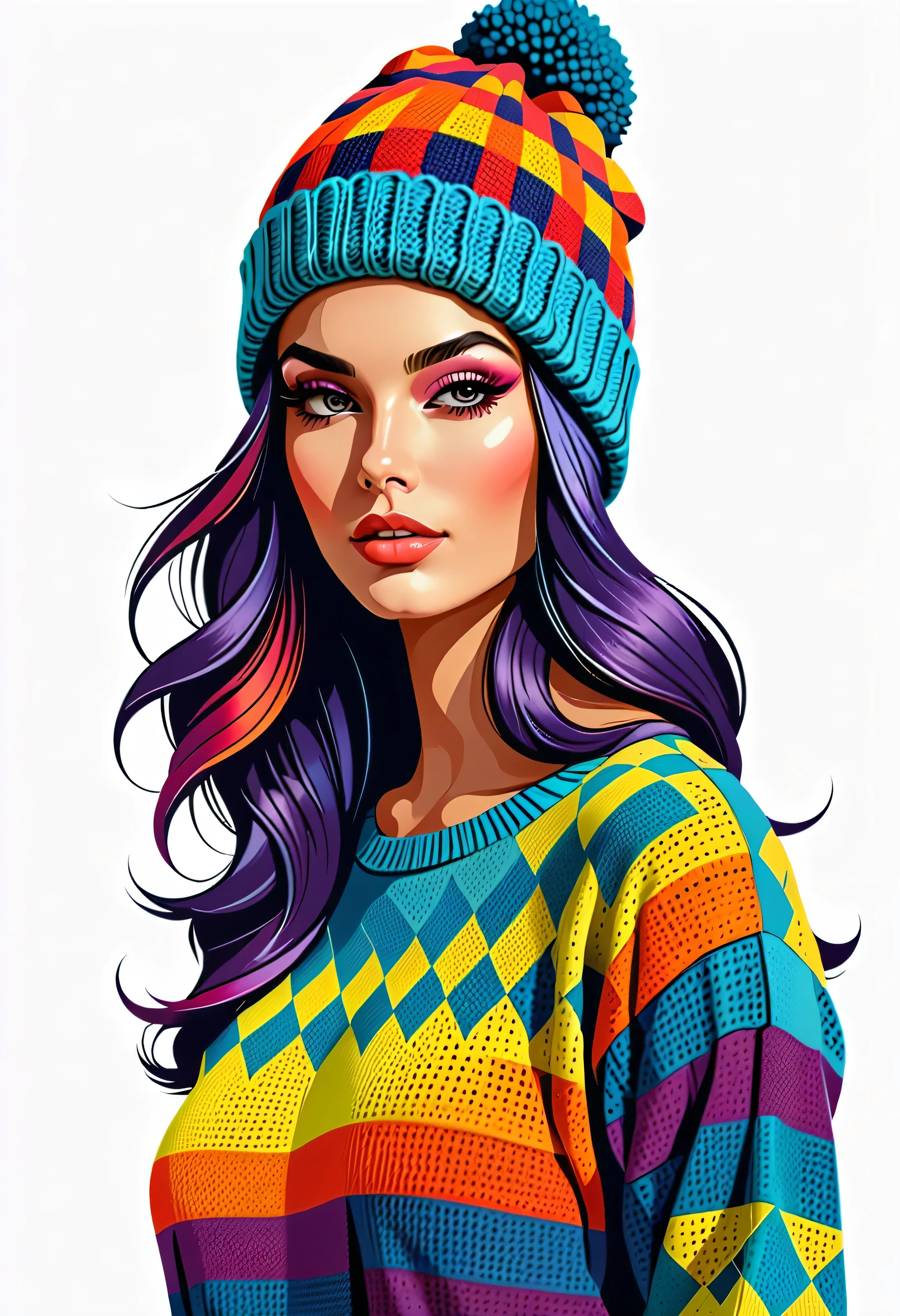 psychedelic t-shirt logo design on white background , silhouette of a sexy woman wearing a knitted hat and sweater, Popular colors、Checkerboard pattern, masterpiece, Best Quality, (( detail face )), (( Award-winning )), ( high detail), sharp, 8k, vector art with a single line