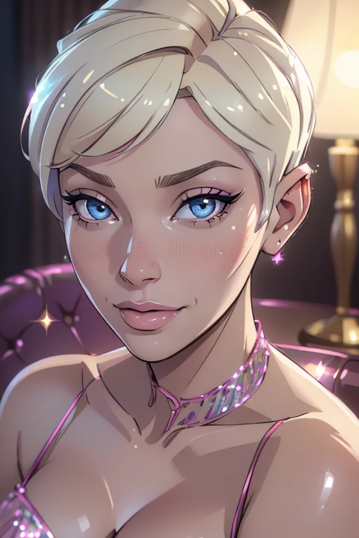 A beautiful blonde woman with a pixie cut hairstyle, wearing a shiny light blue sequin dress, stands in a pink love hotel with dim lighting, a slight smile on her face, mouth lightly open, looking like an evil female executive, adult, married woman, slouching slightly.
(best quality,4k,8k,highres,masterpiece:1.2),ultra-detailed,(realistic,photorealistic,photo-realistic:1.37),intricate details,cinematic lighting,highly detailed face,beautiful detailed eyes,beautiful detailed lips,extremely detailed eyes and face,longeyelashes,shiny dress,sequin dress,pink hotel,dim lighting,evil expression,adult woman,married woman,slouch pose