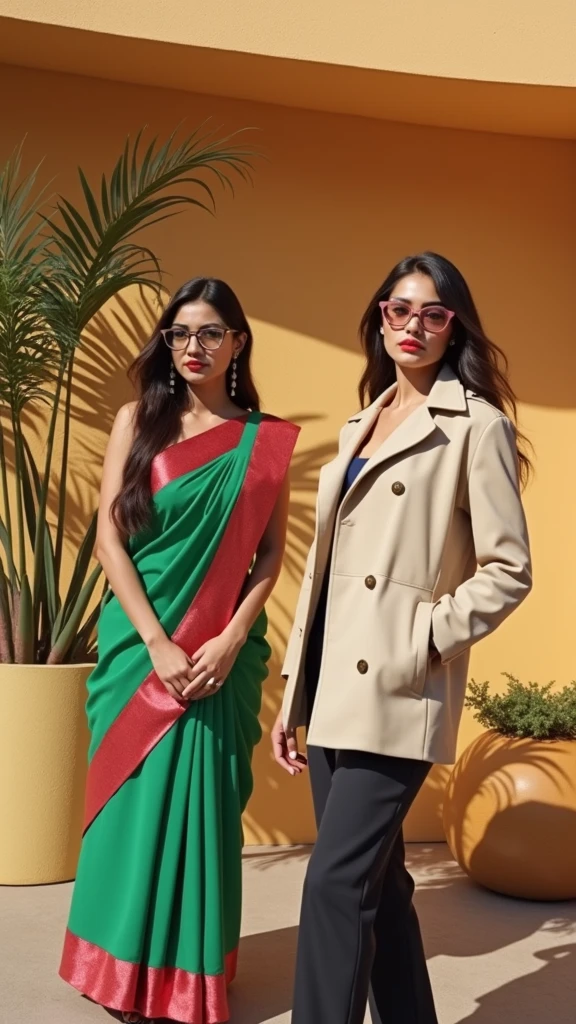 "Mia Khalifa and Sunny Leone wearing green top and white raffle skirt. jewelry and dresses, showcasing their toned stomachs and long legs. They are hugging in a sexy pose in a London Street night scene, creating a sensuous and realistic image." Protait photo