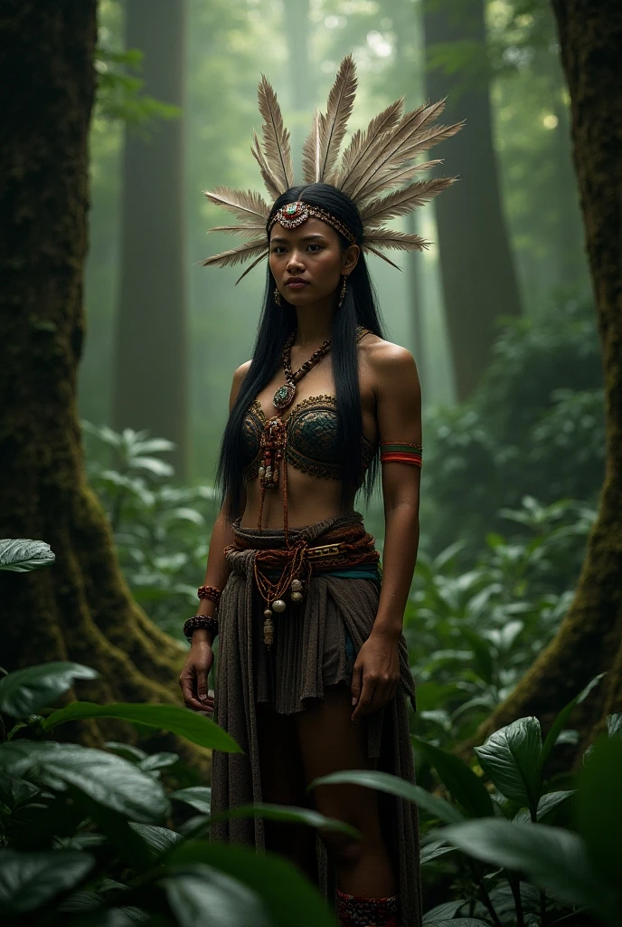 A young woman of radiant beauty, the most beautiful cabocla jurema in the world, , indigenous, with feathers on her head, long straight hair falling over her shoulders, ((magnetic green eyes)), ((square face and hollow chin)) , ((strong expression of a warrior woman)), sexy and sensual, indigenous body paintings, body and beauty of a Goddess, half naked ((wearing wild animal skin)), ((with bow and arrows on her back)),( (in the background a sacred temple in the middle of a forest on a full moon night))