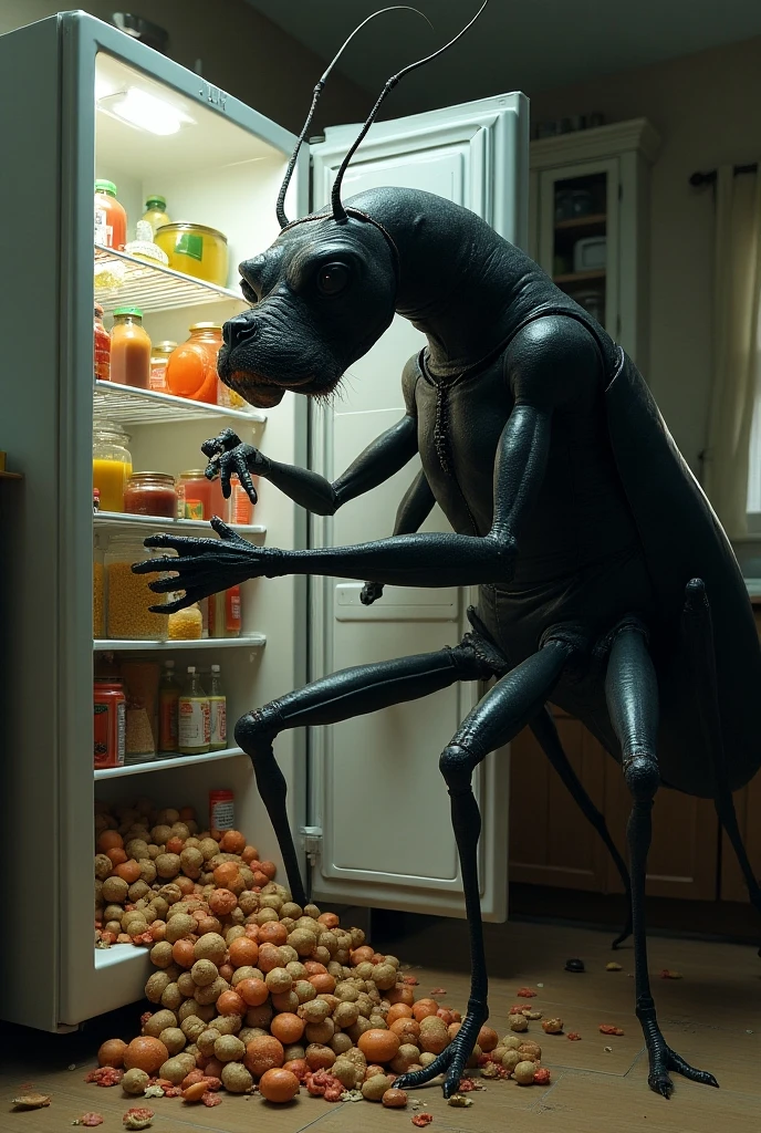 (photorealism:1.2), scary mantis type alien, in my kitchen looking for something in the refrigerator, In the darkness of the night , horror atmosphere