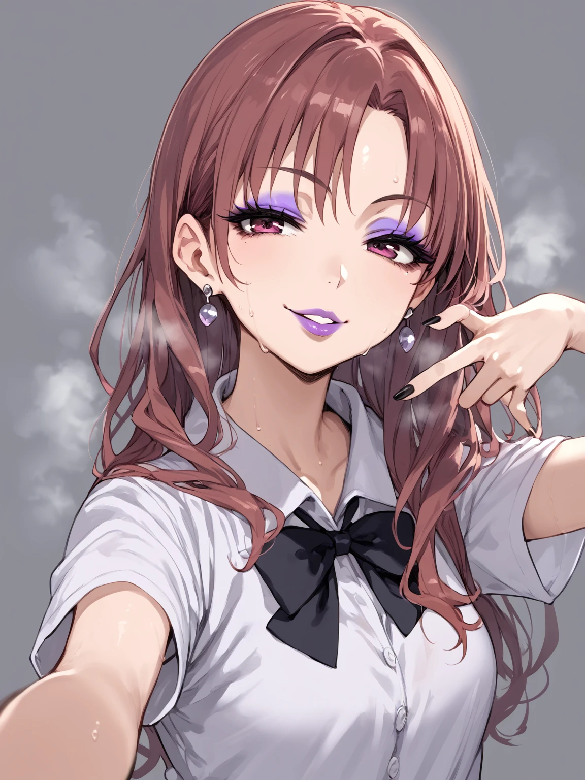 score_9, score_8_up, score_7_up, source_anime,(anatomically correct),pretty face,kuroko, def,makeup, thick eyelashes, purple eyeshadow, mascara, purple lips, thick lips, ear ring, ear piercing, black fingernails, 5 fingers, naughty face,simple background,standing,contrapposto,steaming body,sweat,selfie