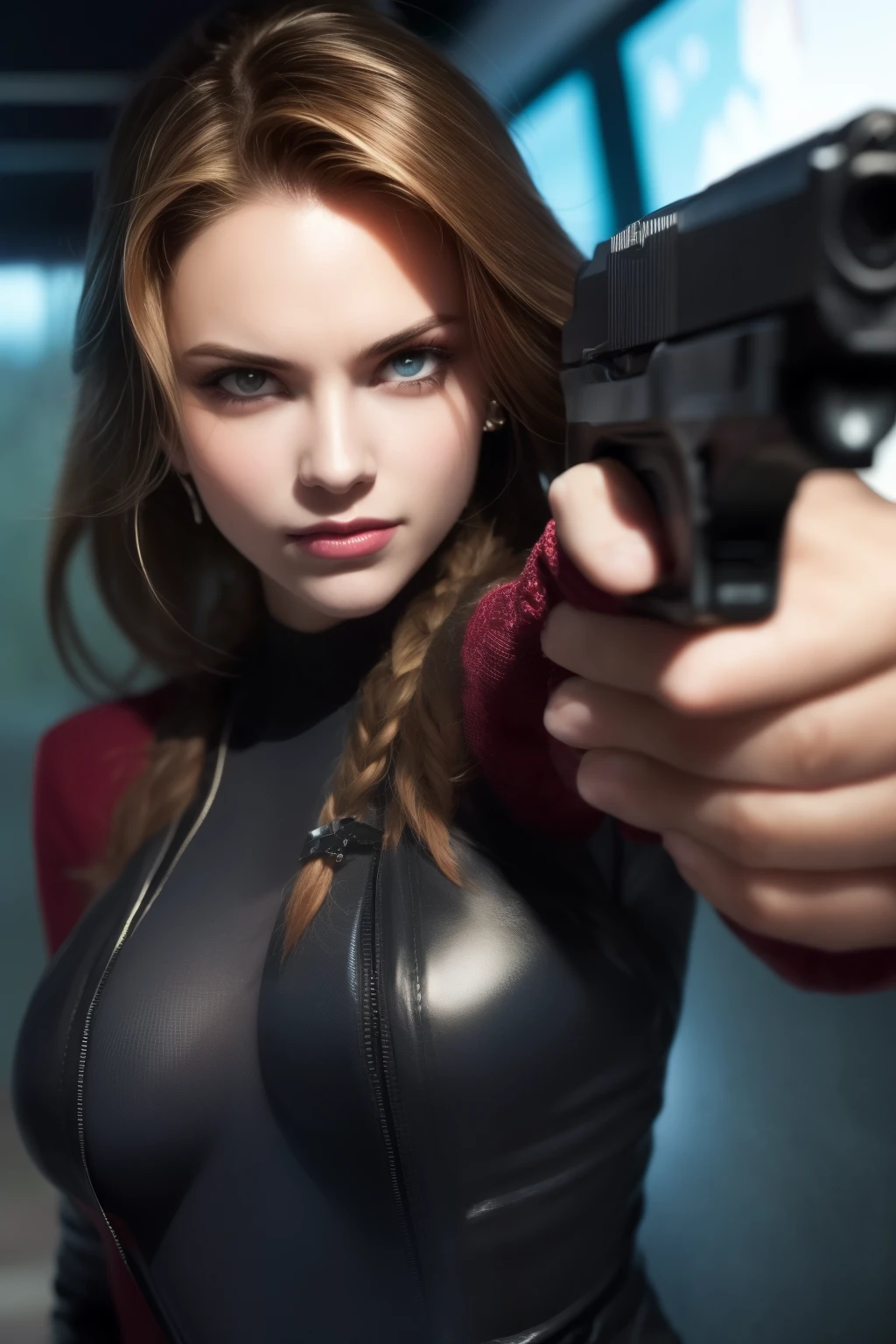 Girl holding pistol, Detailed pistol, Best quality, intricate, 4K. evil smile, angry, crazy, motion blur, film grain, masterpiece, textured skin, super detail, high details, high quality, best quality, 4K