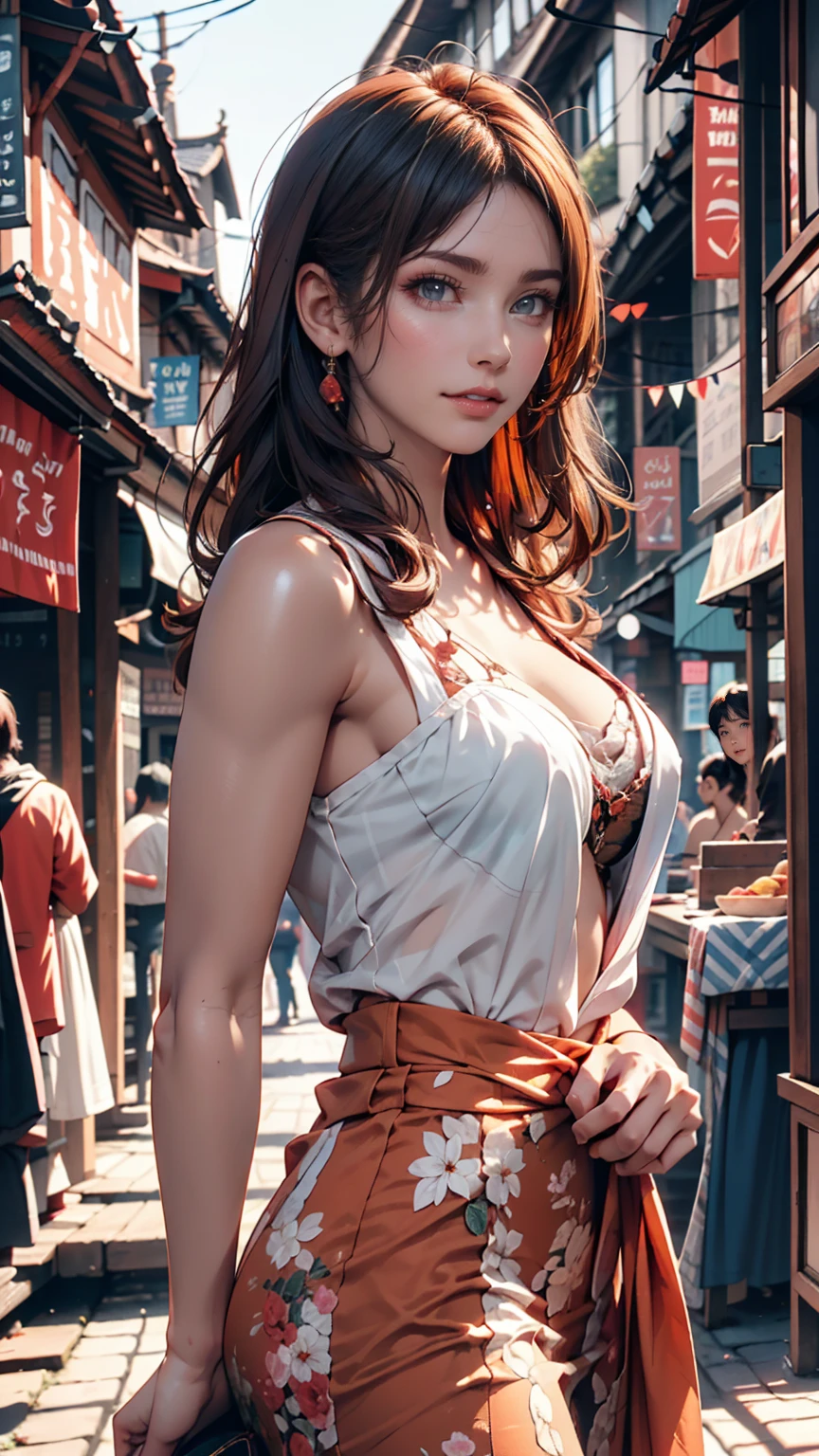 Photorealistic photo of a young redhead woman strolling through an old market in Thailand, A kind smile, art:midjorney, Luminism, The ultimate in complex shadow and light contrast, An award-winning IPA, Artistic Lens, Warm colors, art:Tim Burton、24-year-old woman、Attractive Young Woman, (Beautiful Face:1.1), Detailed eyes, Seductive lips, (eye make up:1.2), (Medium chest:1.0), (Toned body:1.2), Sexy proportions、Narrow waist、Stiletto heels