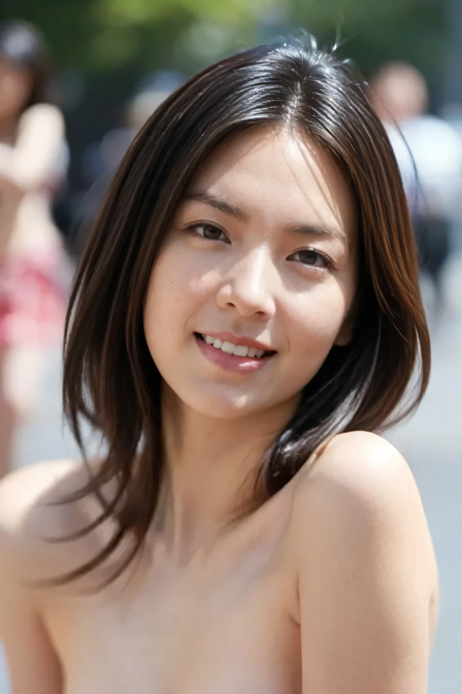 ((Best Quality、8k resolution、masterpiece、Portraiture)), Photorealistic , 35mm Film, On the street during the day, Wrinkles around the eyes,Wrinkles around the mouth、((topless_naked:1.2)) , ( outdoor _ city street : 1.2), Cluttered Background, watching the audience,Laughter, whole body
