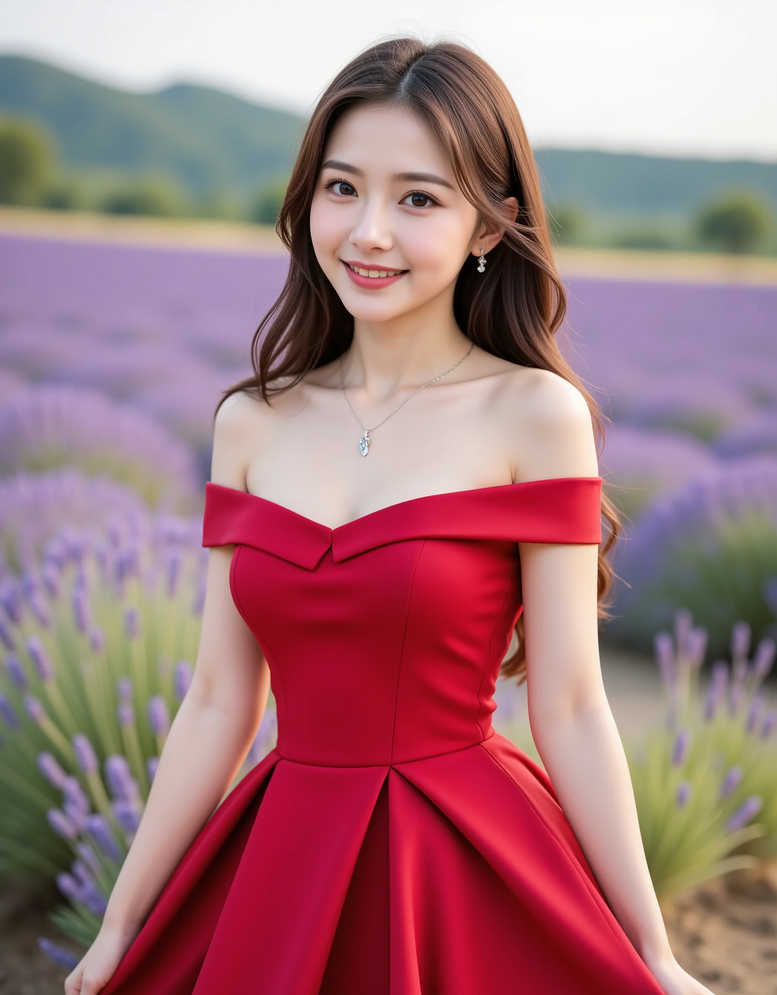 (masterpiece:1.4), CG Unity 16K Wallpaper, ((Realistic: 1.10)),  ray tracing, 64k, Beautiful 22 year old girl,  Real Asian Girls , Ultra Realistic, ,  high detail，8k resolution，  Ultra High Definition ,  mature girl, cute girl， ponytail, Long Hair， earrings for a woman alone， necklace ， Bright, Clear Eyes ，Smooth Hair，clavicle， Have the Most Beautiful Facial Features and Big Eyes 、Sophisticated and perfect 。， Long eyelashes， Silkworms Lying with Sweet Eyes ，(smile)，Field， dynamic angle， best image quality，Standing in front of Lavender flowers Field, ((  upper body shot of a sexual target child ))，(( Off Shoulder Luxury Applique High Low Red Homecoming Dress)), 4つの異なるPose, ((Pose: smileになるように頭を傾ける, Put Hands Naturally Next to Their Bodies ,Stand sideways))