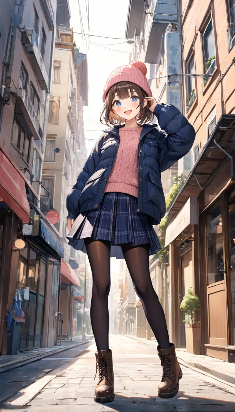 full body, masterpiece, Best Quality,  Thin legs,  Beautiful Details , Fine texture, Fine skin,  1 girl,  Expressive Blue Eyes ,  small breasts,  Brown Hair,  medium hair , bangs, Knitted hat, smile, blush, open mouth, dark blue down jacket,  casual,  pink knitted sweater, navy blue plaid pleated skirt, (navy blue pantyhose ), ((black leather long boots:1.2)), City, Building Street, standing , From below、
