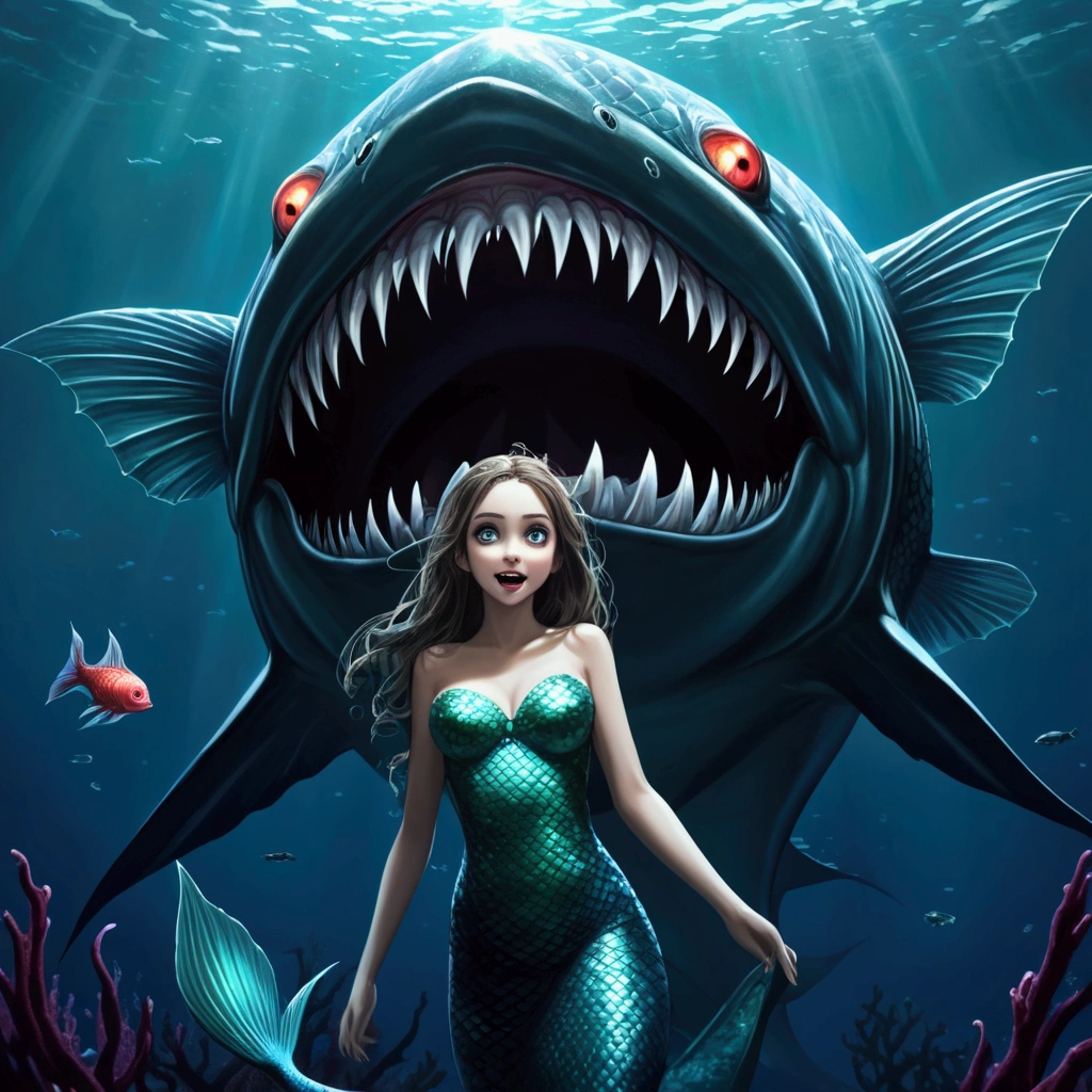 (best quality,ultra-detailed,realistic),portraits,medium:oil painting,(HDR,studio lighting),vivid colors,sharp focus,physically-based rendering,(A lovely siren),beautiful detailed eyes,beautiful detailed lips,extremely detailed eyes and face,long eyelashes,(light green skin),(aquamarine eyes),blue-green color tones on the face,(coke bottle figure),(blessed proportions),(sea foam green hair ankle length),flowing hair,(dressed in tatters, holding a lantern that shines unnaturally bright and swirls with evil energy),tattered clothing flowing in the wind,(age 20),serene expression,graceful pose,emerging from the ocean,sparkling water droplets on skin and hair,faint shimmering scales on the legs,gentle waves in the background,strands of seaweed entwined in the hair, she is singing standing atop the head of a (subject:2 horrible giant monster (many eyes, many tentacles, huge maw full of jagged teeth)), (subject 3: A sailing ship in the distance approaches the siren and its doom), it is a pitch black night with light rain and just a little lightning (the siren's lantern is the primary light source)