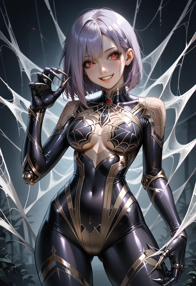 (Girl fused with a spider). （Four-armed）.Succubus style. Insect paws. It is based on the motif of a spider. Metallic. Light armor. Spider web pattern costume. Purple hair. Medium hair. Breasts perky. High legs. Body tights. Sharp claws. Black Paint Hands. Evil Smile.