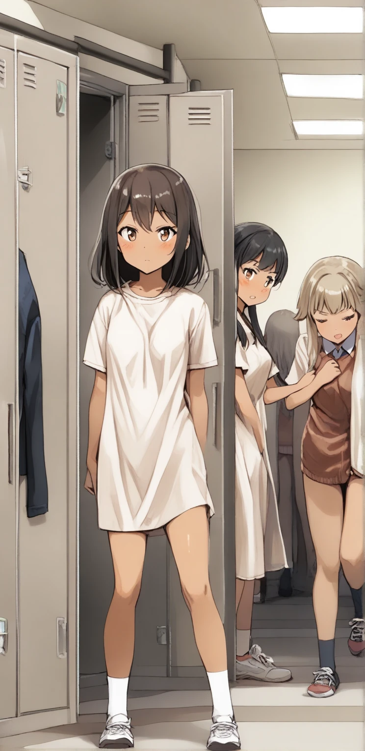 A naked girl without warm clothes , tanned , ((( In the women's locker room  ))) , ((( Several girls to be dressed))) , ((( Hallway full of girls ))) , ((( Physical education))) .