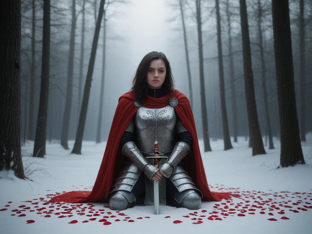 Generate a highly detailed digital painting of a dark, fantasy-inspired warrior kneeling solemnly in a winter forest. The character, dressed in intricate medieval-style armor with dark tones and silver engravings, has long dark hair that partially covers her face, creating a shadowed, introspective expression. A long crimson-red cape drapes her shoulders and falls to the snowy ground, blending with scattered red petals or blood-like stains around them, adding a contrasting splash of color. The warrior holds a large, dark sword, its blade planted in the ground, with her hand gripping the hilt tightly, symbolizing a sense of resolution or mourning.

The background is misty, with dark silhouettes of trees disappearing into soft, cloudy light that filters through, creating a cold, atmospheric ambiance. The scene features a gentle snowfall, with snowflakes softly catching the light, adding a sense of movement and serenity. Soft red and white lights or embers float around the character, adding to the mystical and solemn mood. Lighting is low-key, with subtle highlights on the textures of the armor and reflections on the blade, creating a balanced contrast between light and shadow.

The overall style should be photorealistic with a painterly feel, capturing a dramatic and introspective tone. Emphasize the texture in the armor and cape, with detailed embroidery and metallic highlights, and maintain high contrast and depth. Use a soft focus effect on the background to increase depth of field, bringing the character and sword into sharp focus. Aim for a resolution of 1280x720 for maximum detail and clarity.