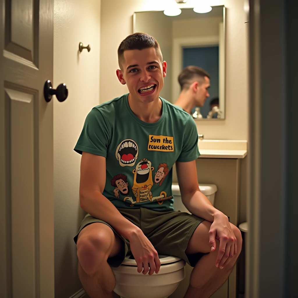 Bald head, no hair, violet eyes, glasses, red collar, drawing of the face, flat torso, naked, 8k quality, beautiful face, head, shy, open mouth with tongue, happy smiling, cum on tongue, cum on hair, cum on cheeks, bathroom, on toilet, pissing, puddle of urine, wet, wet hair, suck cock