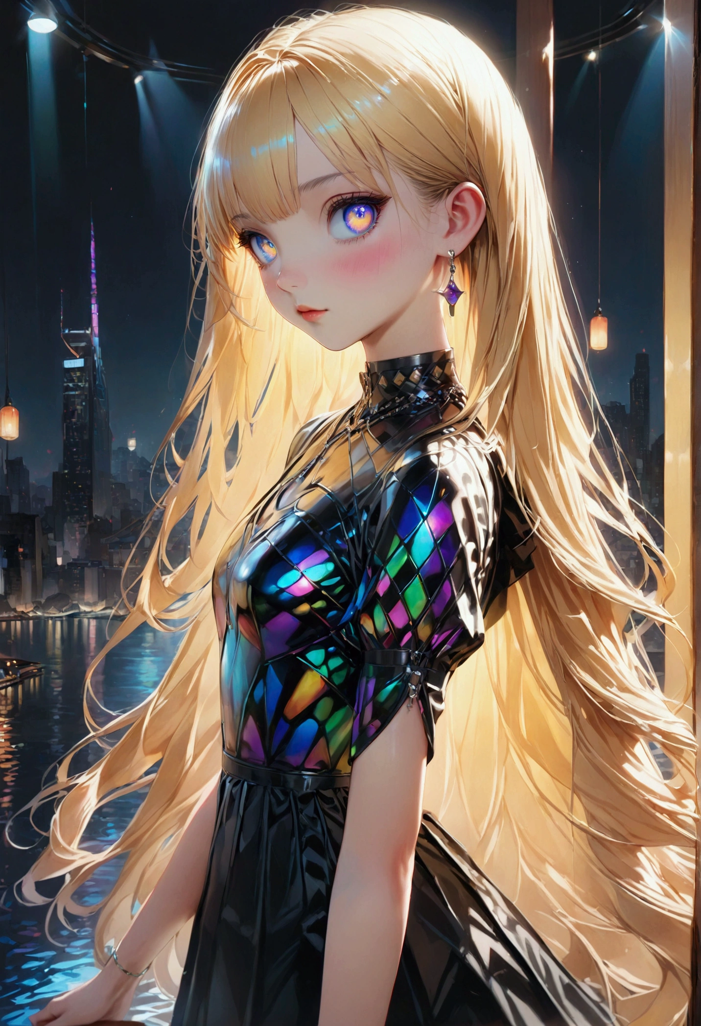 a beautiful 20 year old blonde woman with big messy hair laying down on a cloud in the sky floating over a cityscape at night, twinkling stars and glowing moon, fantasy art style, rossdraws cartoon vibrant, cyberpunk, cute detailed digital art, colorfull digital fantasy art, digital fantasy art ), glossy digital painting, rossdraws pastel vibrant, rossdraws 2. 5, rossdraws 1. 0