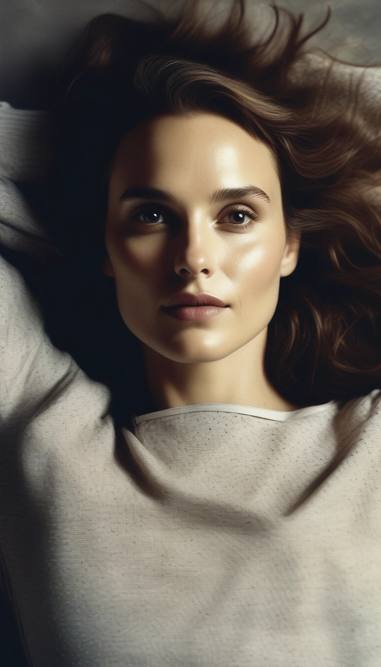 grainy polaroid upperbody photo of NataliePortman, laying on the back, looking up at the camera, tight longsleeve shirt, small breasts, highly detailed, skin texture, NataliePortman, high quality, realistic, medium body shot, zoomed out