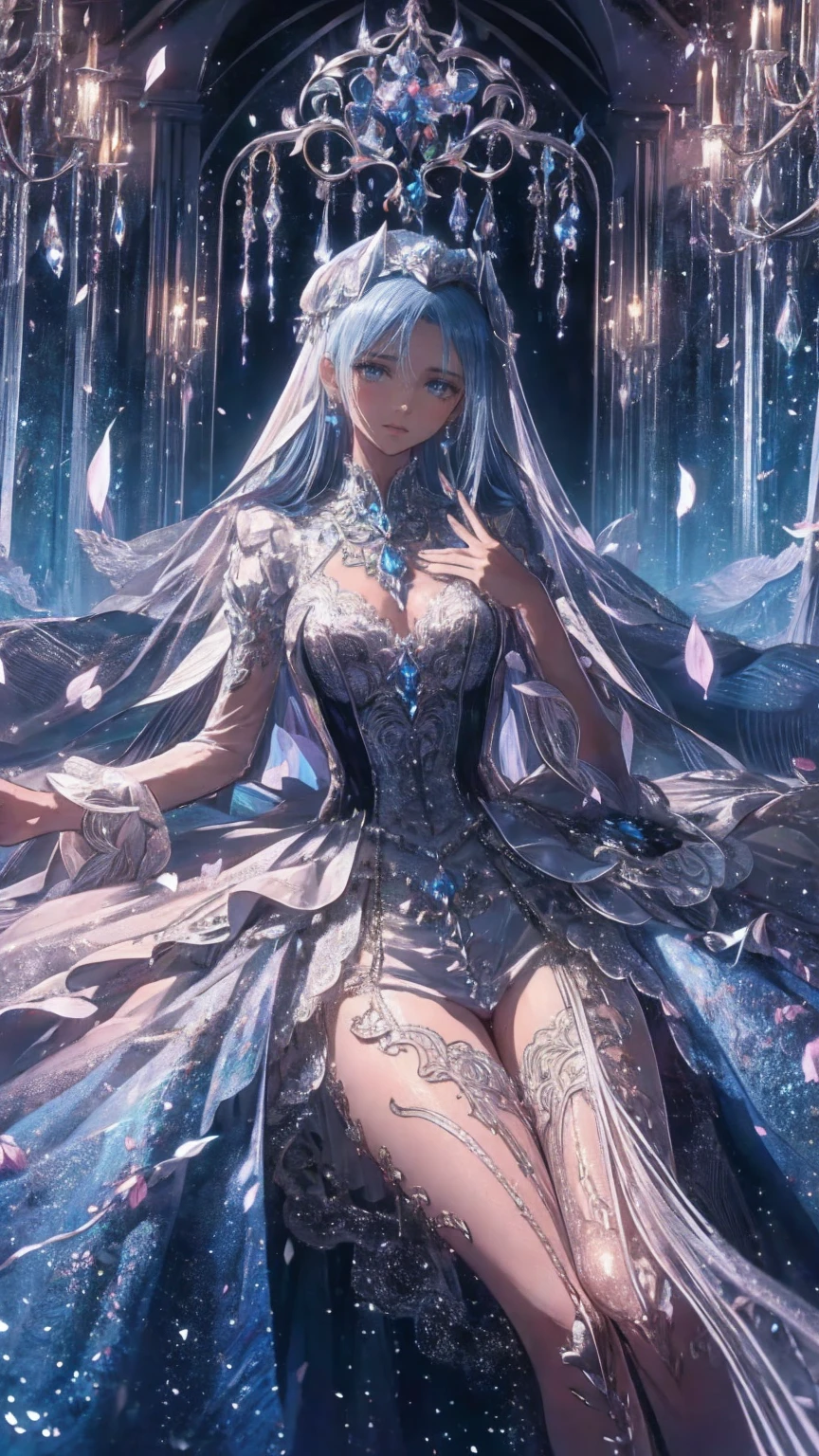 In a mesmerizing light painting photograph, an enchanting luminescent neo-Victorian bioluminescent alien captivates the viewer's gaze. The scene takes place under a moonlit sky, the alien's radiant glow making it appear ethereal and otherworldly. Its delicate, iridescent wings shimmer with an array of pastel blues and pinks, casting a soft and dreamlike glow. Its elongated limbs are graceful and slender, adorned with intricate silver patterns that catch the light beautifully. This high-quality image captures the alien's mysterious beauty and evokes a sense of wonder and fascination.