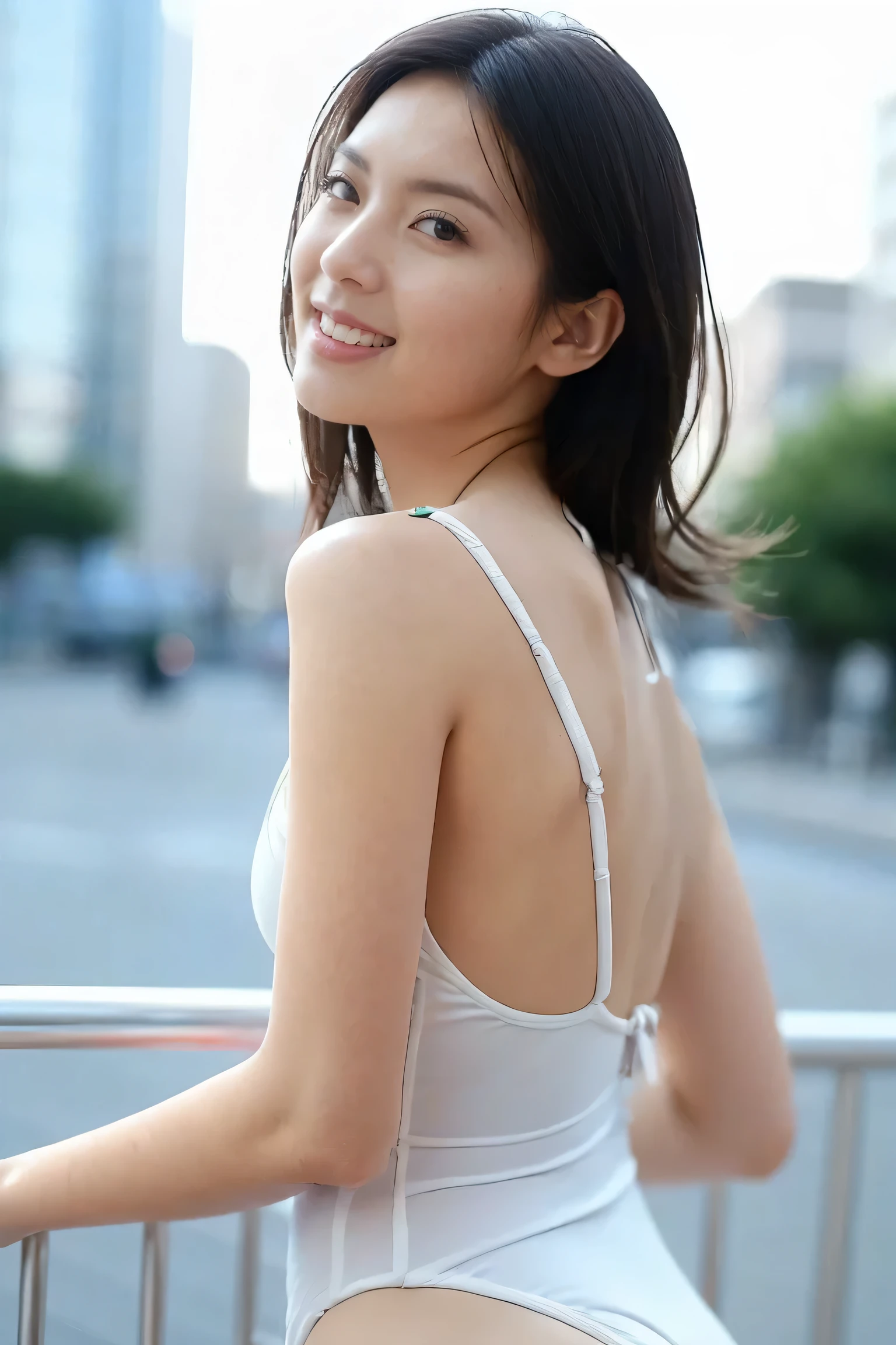 ((Best Quality、8k resolution、masterpiece、Portraiture)), Photorealistic , 35mm Film, On the street during the day, Wrinkles around the eyes,Wrinkles around the mouth、((micro slingshot swimsuits)) , ( outdoor _ city street : 1.2), Cluttered Background, watching the audience,Laughter, whole body