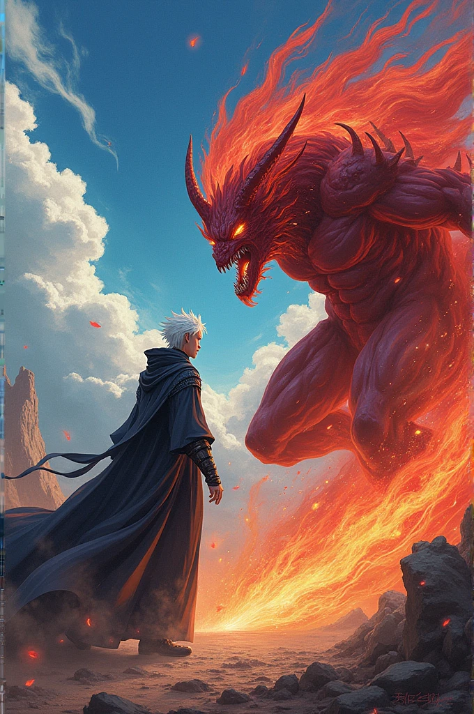 In the ruins of a medieval village, an epic scene where a young white-haired boy is bruised and bleeding, he uses a fire magic to face a colossal demon monster with dark skin, huge horns and with remains of bodies and blood gushing from its mouth