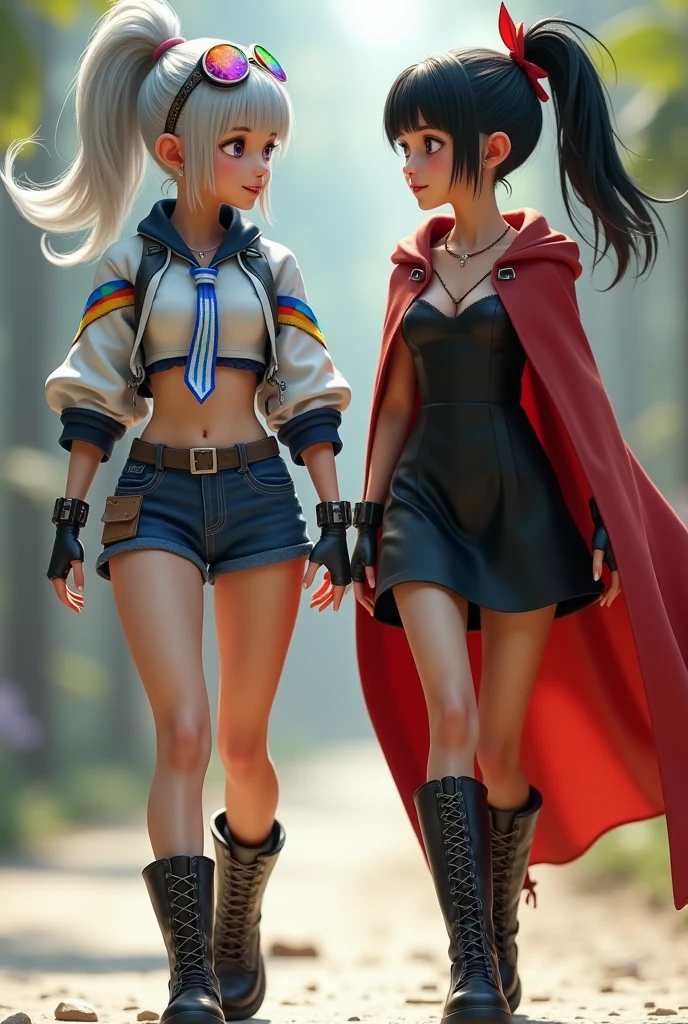 Super realistic illustration, Detailed Fantasy art, Cinema 4D rendering. 2 cute ladies, full body, They are waiking toward the camera, chatting with smile. (left lady is 172cm tall, purple eyes, ponytail silver hair, bangs, wearing white and blue long sleeve short flight jacket over white sleeveless collared crop top, rainbow tie, breasts, earrings, rainbow reflection goggles on head, midriff, low rise shorts, high cut shorts, groin groove, waist belt with shining blue stone buckle, thighs, translucent black pantyhose, lace-up military short boots). (right lady is 152cm tall, black hair, short ponytail with red ribbons, red eyes, beautiful eyes, pointy ears, vampire fang, black sundress with red cloak, high leather boots). sharp focus