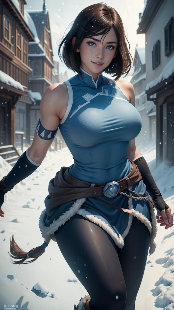 Korra da avatar,(best quality, 4K,8k,high resolution,work of art:1.2)(weather: snowing), tundra background, winter village, wide hips, short straight hair, brown hair, freckles, sleeveless tribal top, winter belt, tight leggings, winter boots, elbow long gloves, light makeup, dark eyeshadow, blush, sexy pose, glowing eyes, ultra detailed,portrait,realistic,beautiful detailed blue eyes, beautiful detailed lips,extremely detailed eye and face, long eyelashes,average, large breasts,flying hair,beaming smile, sexy smile, powerful girl, bright coloured, dramatic lighting,