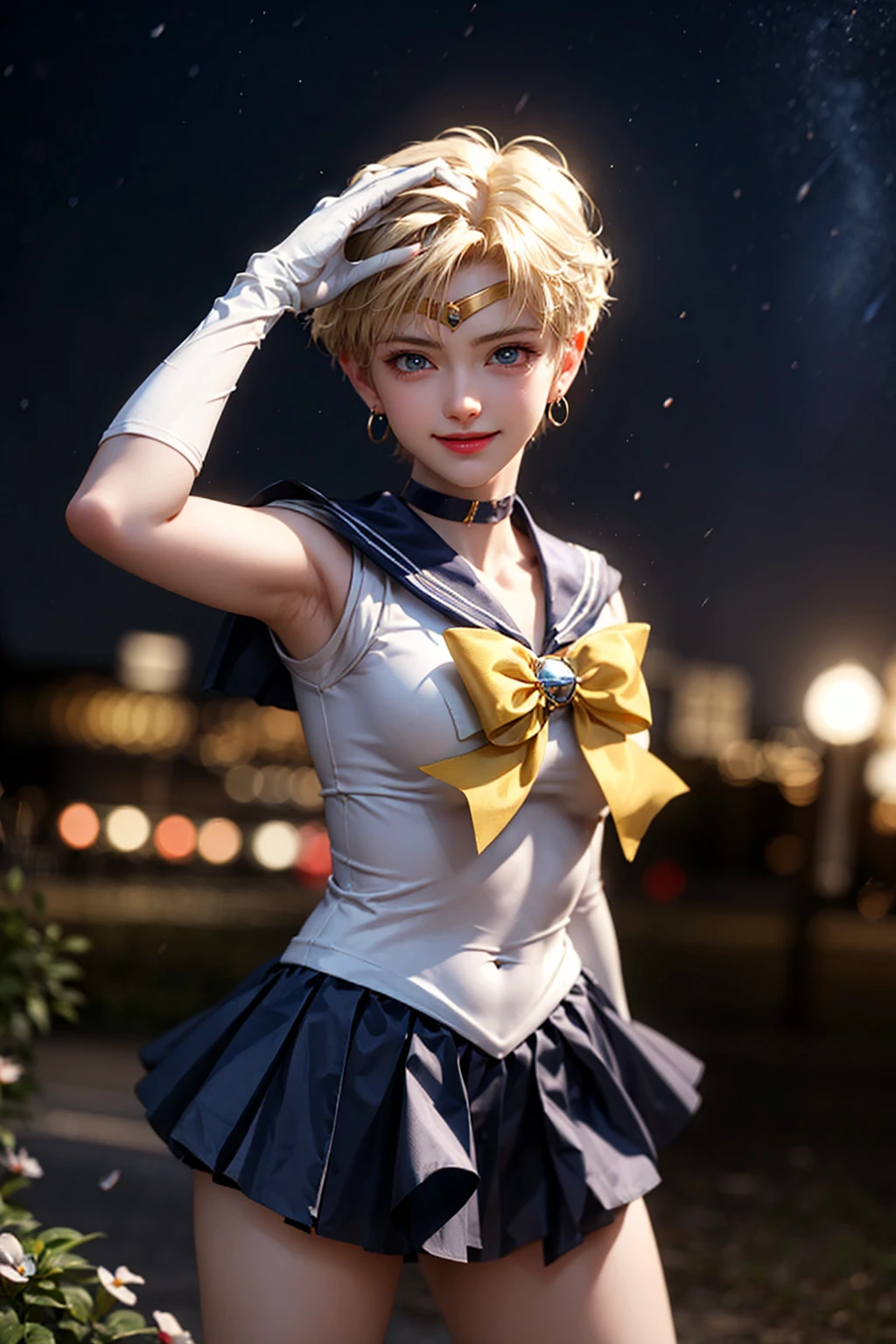 EPsm Sailor Uranus, Short blonde, blue eyes, Circlet, choker, Earrings, white elbow gloves, Blue Sailor Warrior Uniform, Yellow ribbon, Blue Skirt, View your viewers, smile, teeth, Are standing, Cute pose, outside, garden, wood, at night, performer, high quality, masterpiece, 